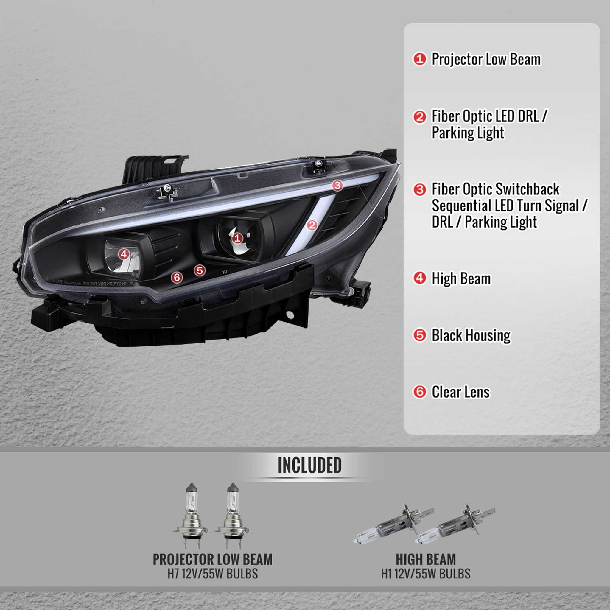 For Honda Civic 2016-2021 Projector Headlights Sequential DRL Matte Black Housing Clear Lens