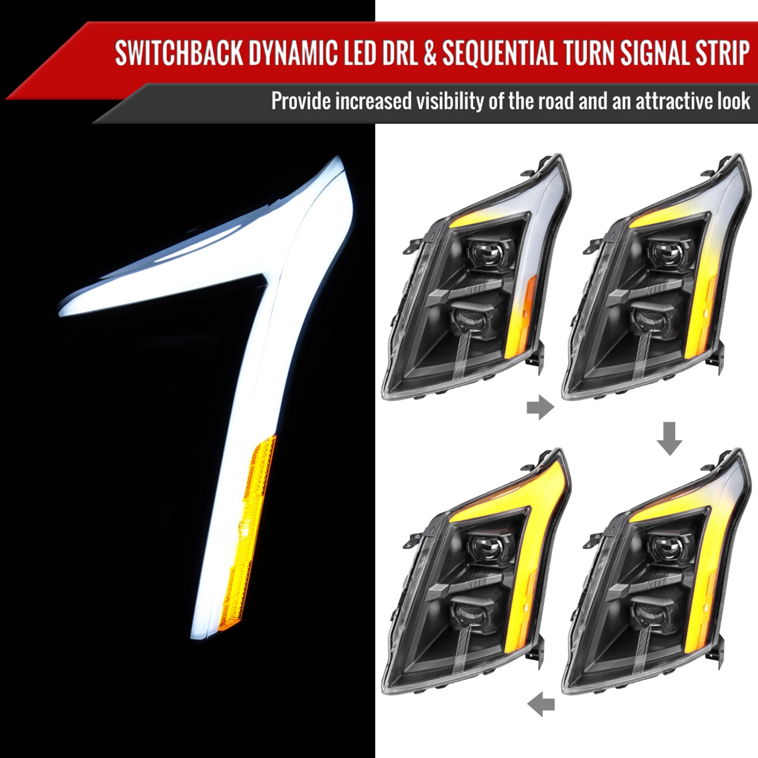 2010-2016 Cadillac SRX Full Sequential LED DRL Projector Headlights Matt Black