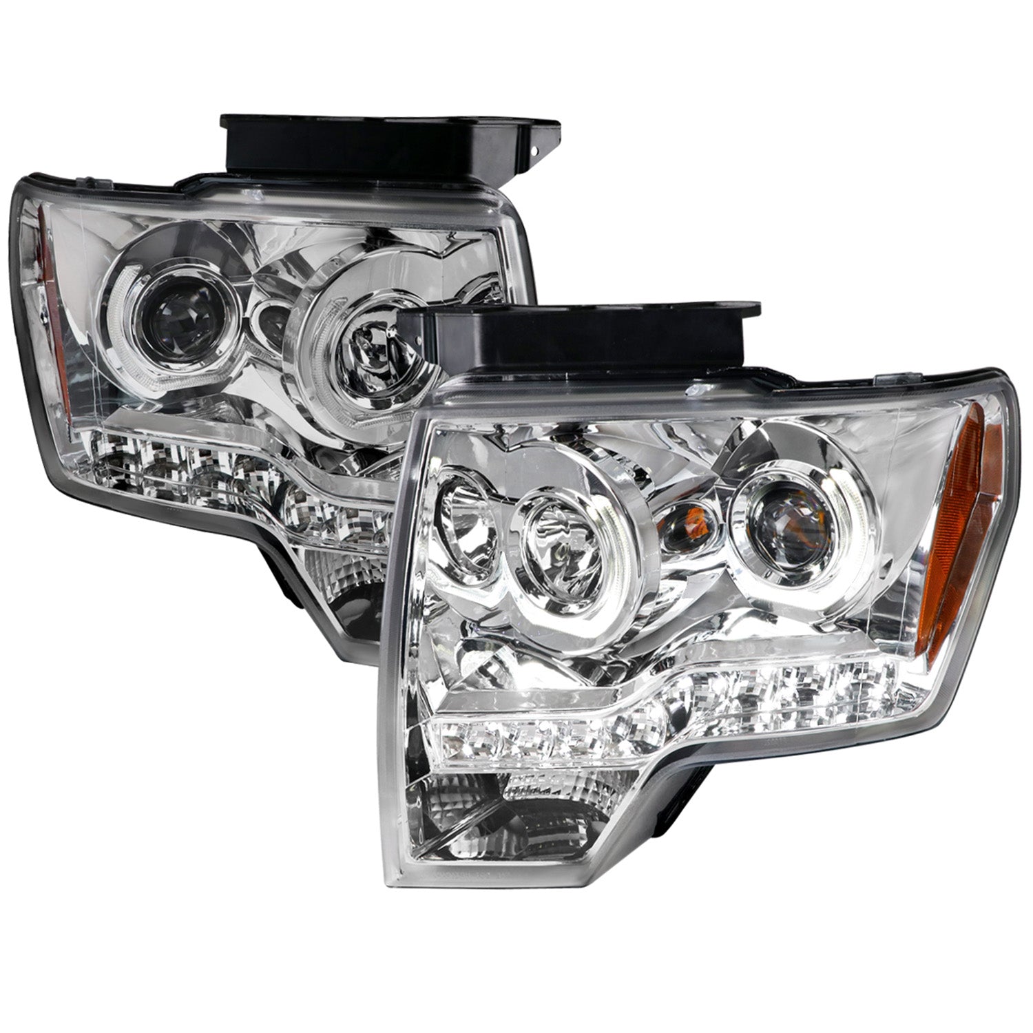 2009-2014 Ford F-150 Dual U-Ring Halo Projector Headlights LED Light Chrome