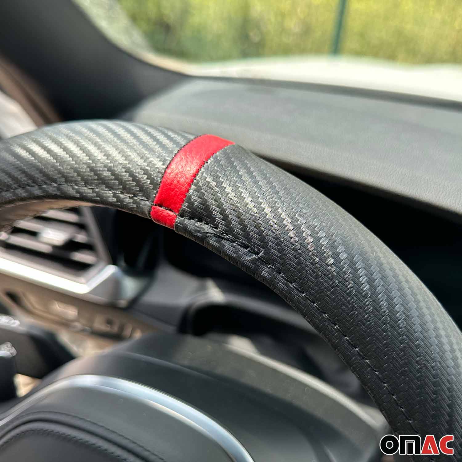 14.5-15.5’’ Steering Wheel Cover Red Stripe Leather Anti-slip Breathable