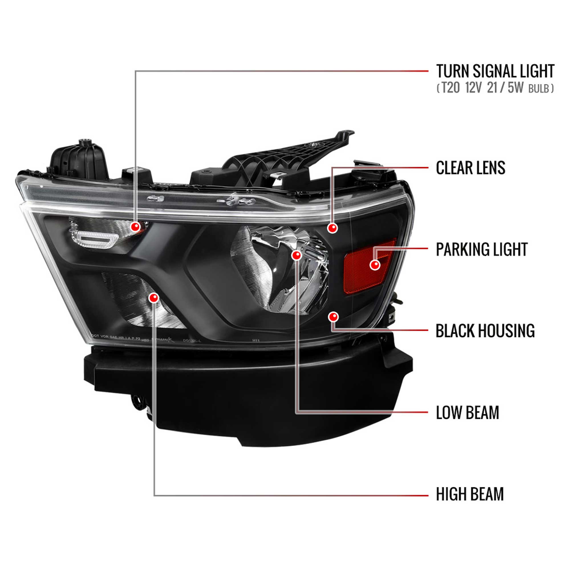 For Dodge RAM 1500 2019-2024 Factory Style Crystal Headlight Driver Side Only Black Housing Clear Lens