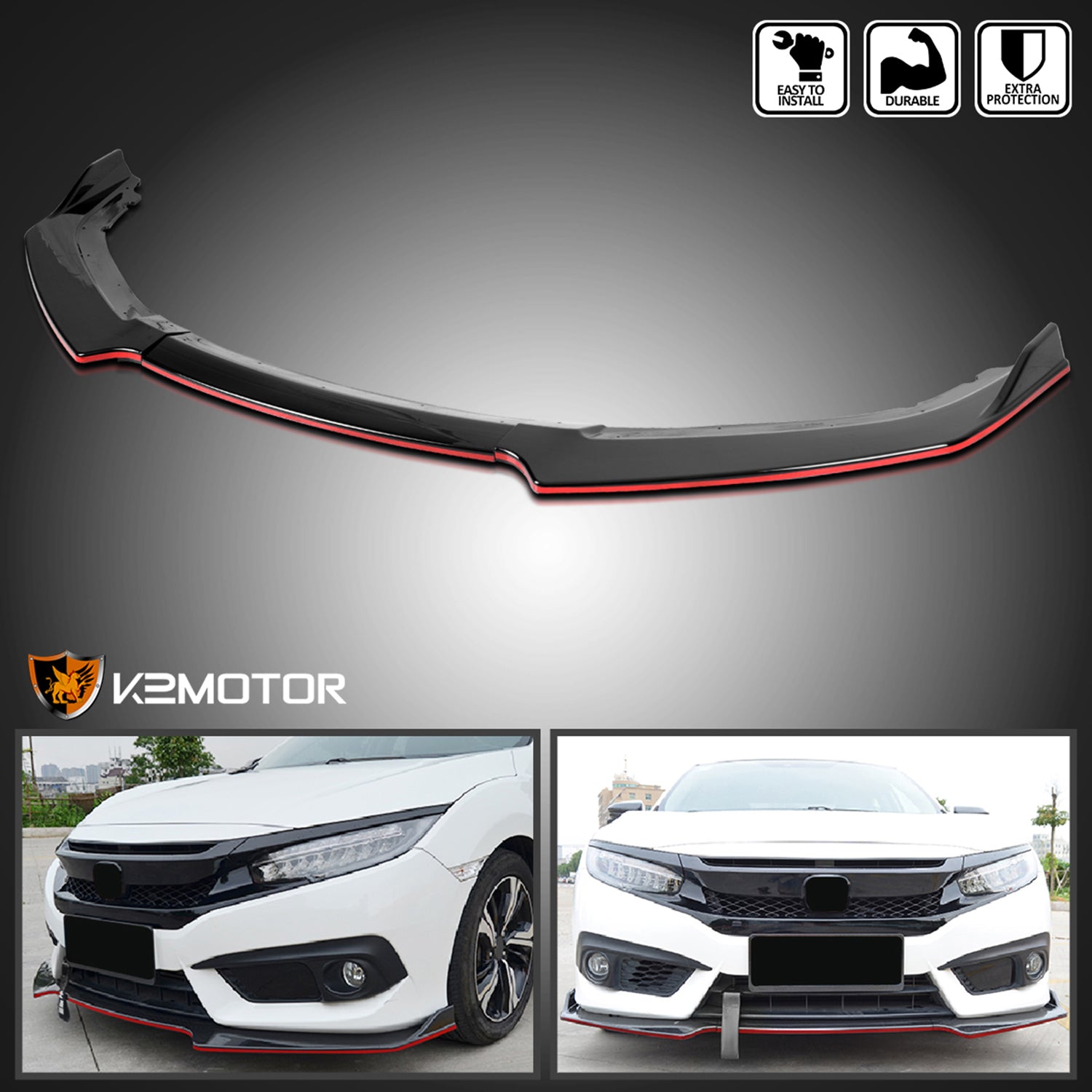 2016-2018 Honda Civic Sedan Black/Red Trim Front Bumper Lip Splitter Kit