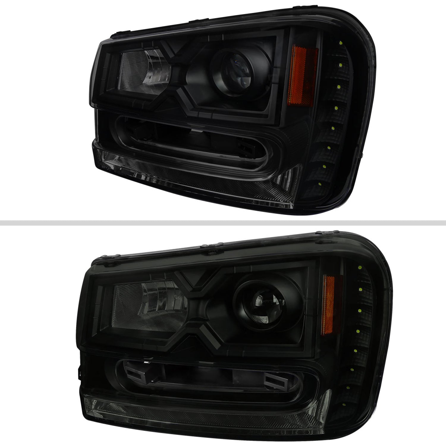 2002-2009 Chevy Trailblazer Projector Headlights w/LED Light Strip Black/Smoke