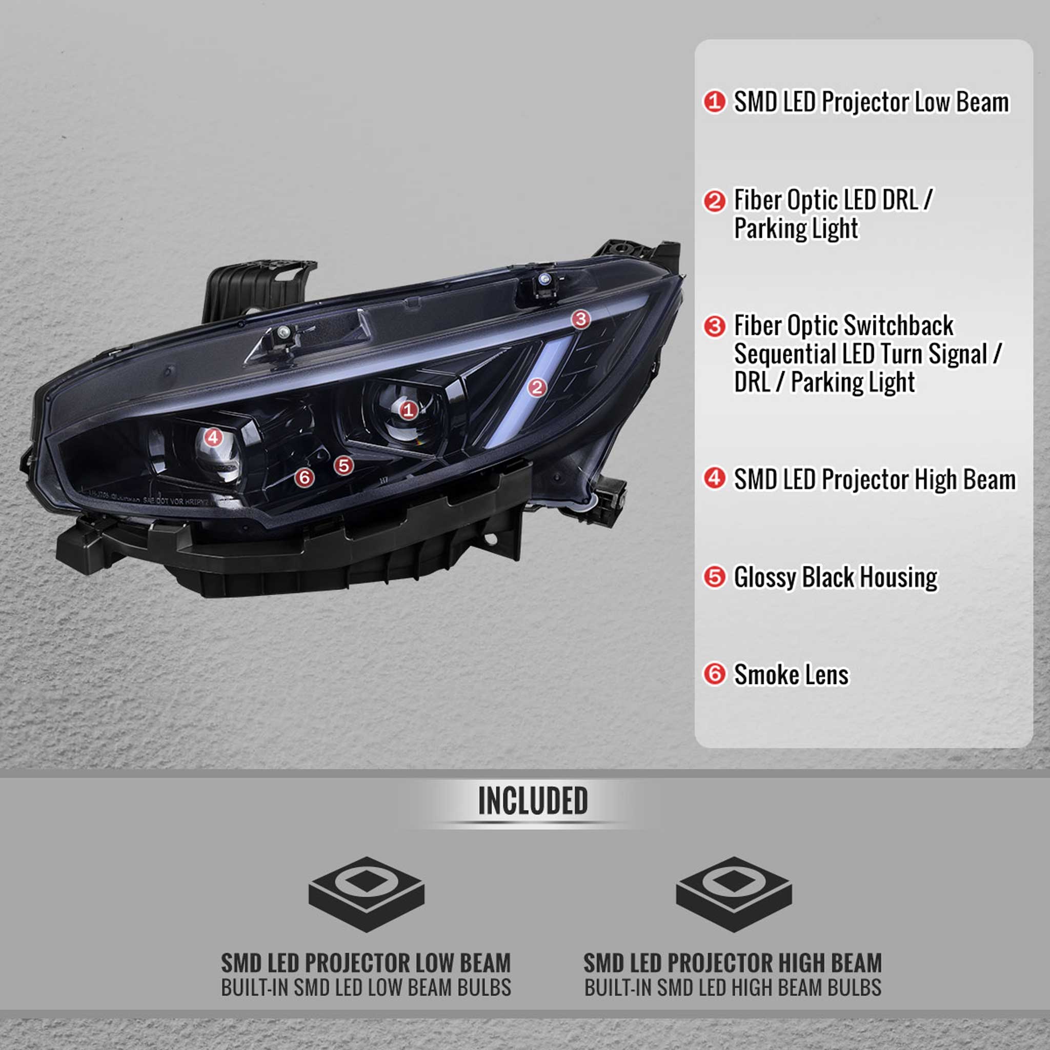 For Honda Civic 2016-2021 Full LED Projector Headlights Sequential DRL Black Smoked Lens Glossy
