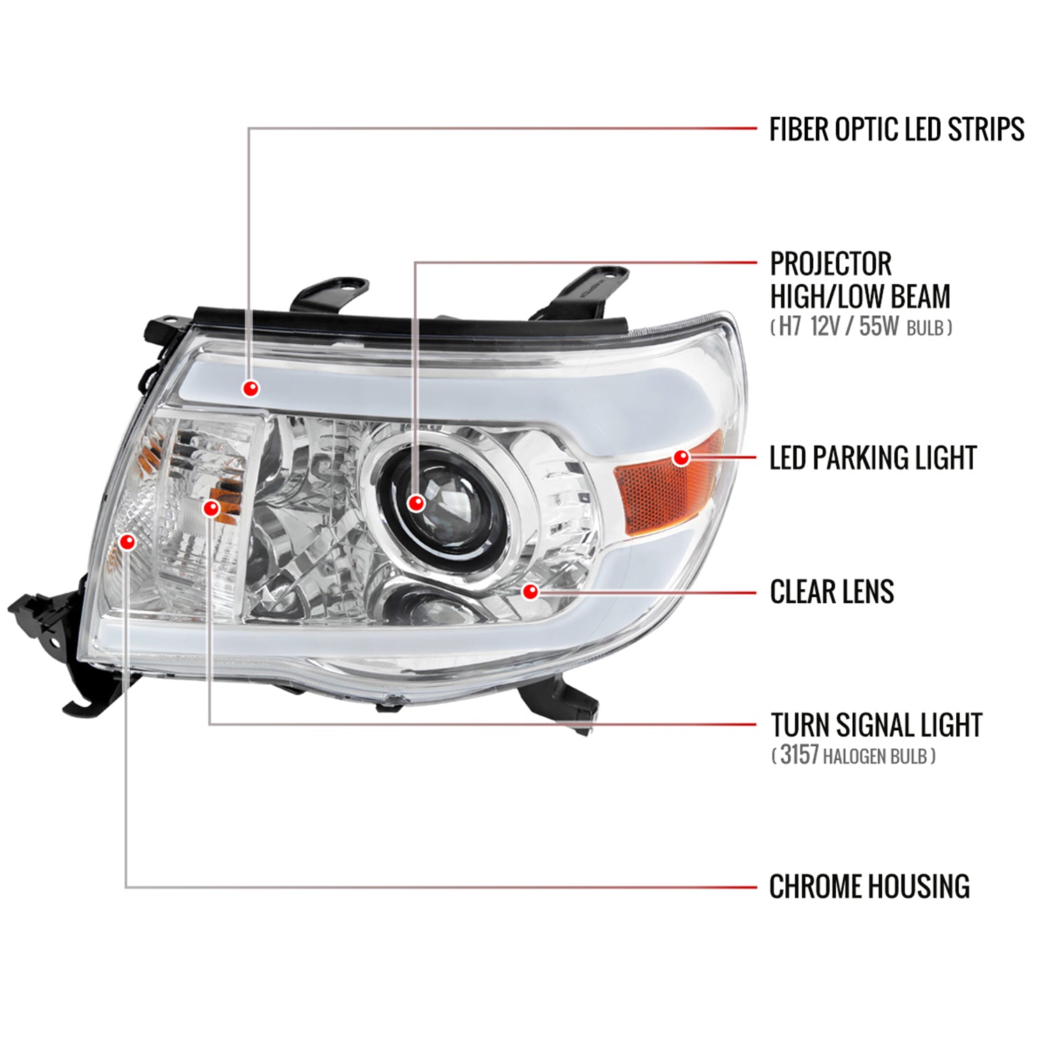 2005-2011 Toyota Tacoma LED Bar Projector Headlights Chrome/Clear Lens