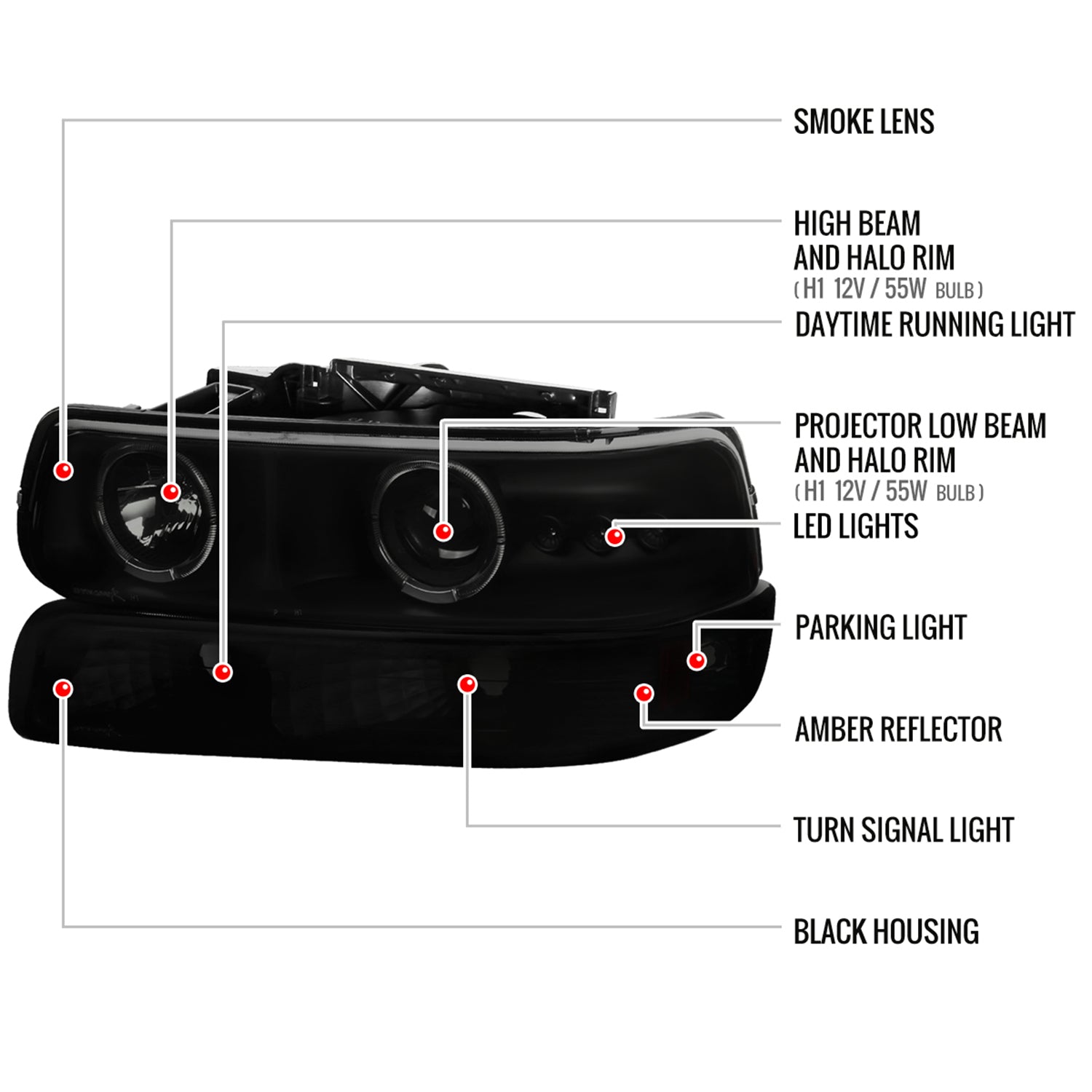 1999-2002 Chevy Silverado/ Tahoe Suburban Headlights Bumper Lights Black Smoke