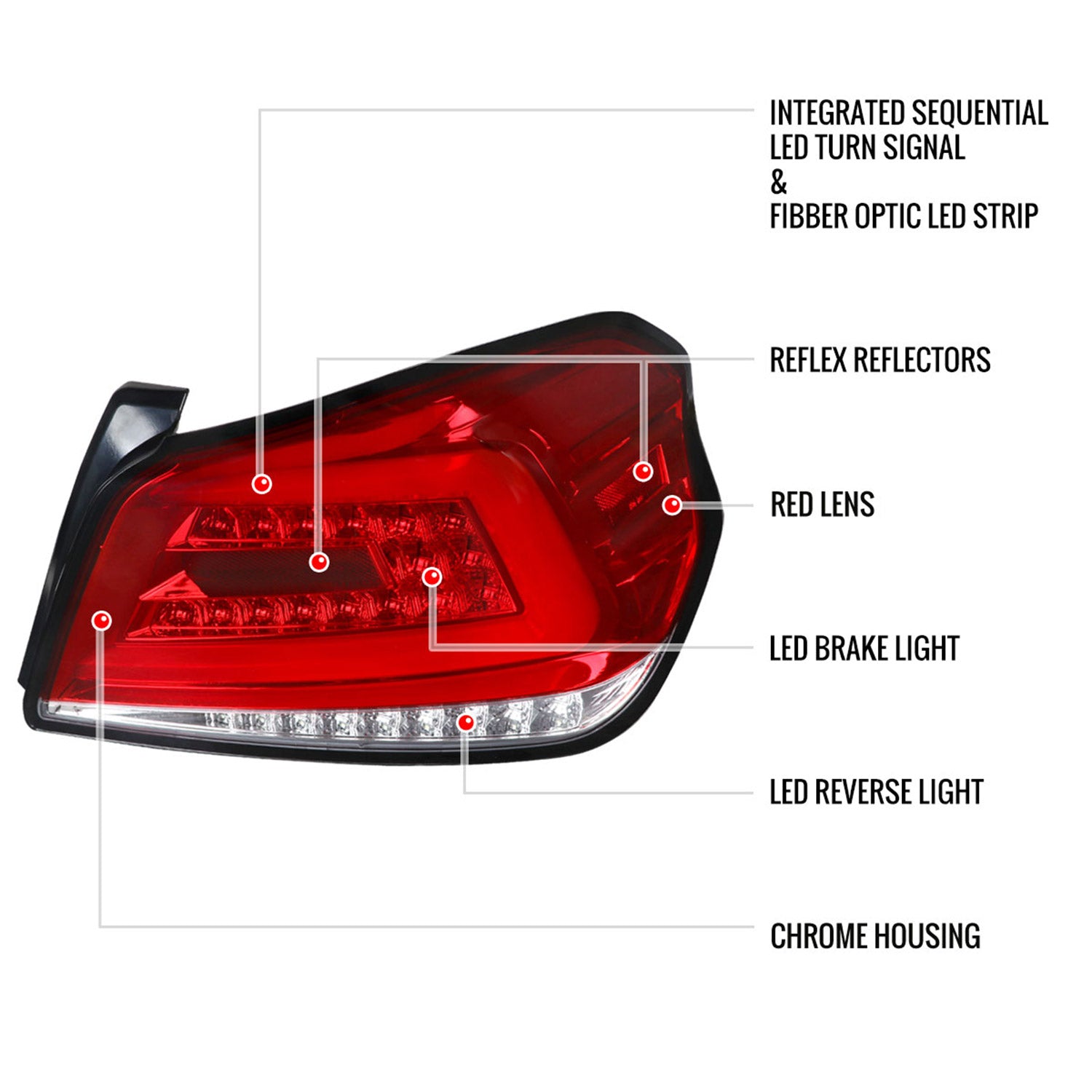 2015-2021 Subaru WRX Sequential White Bar LED Tail Lights Chrome/Red Lens