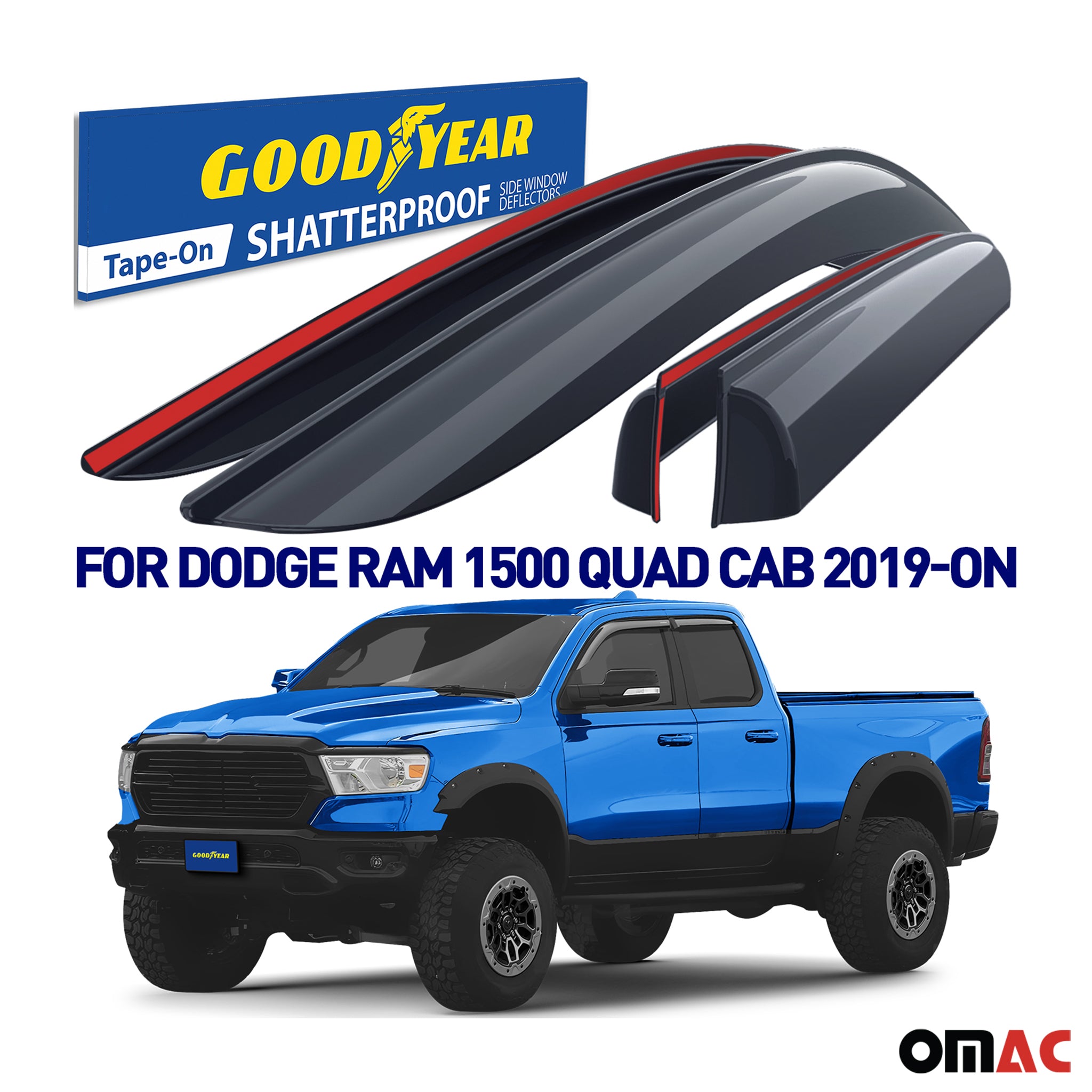 Goodyear Wind Deflectors for Dodge Ram 1500 2019-2025 Quad Cab Tape-On Smoke 4x