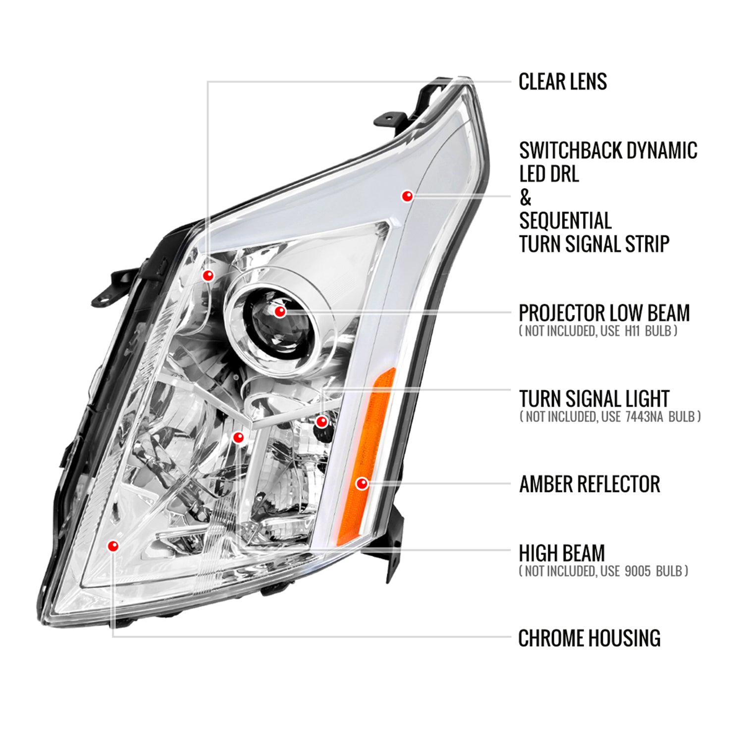 2010-2016 Cadillac SRX Projector Headlights Turn Signal LED Bar Chrome