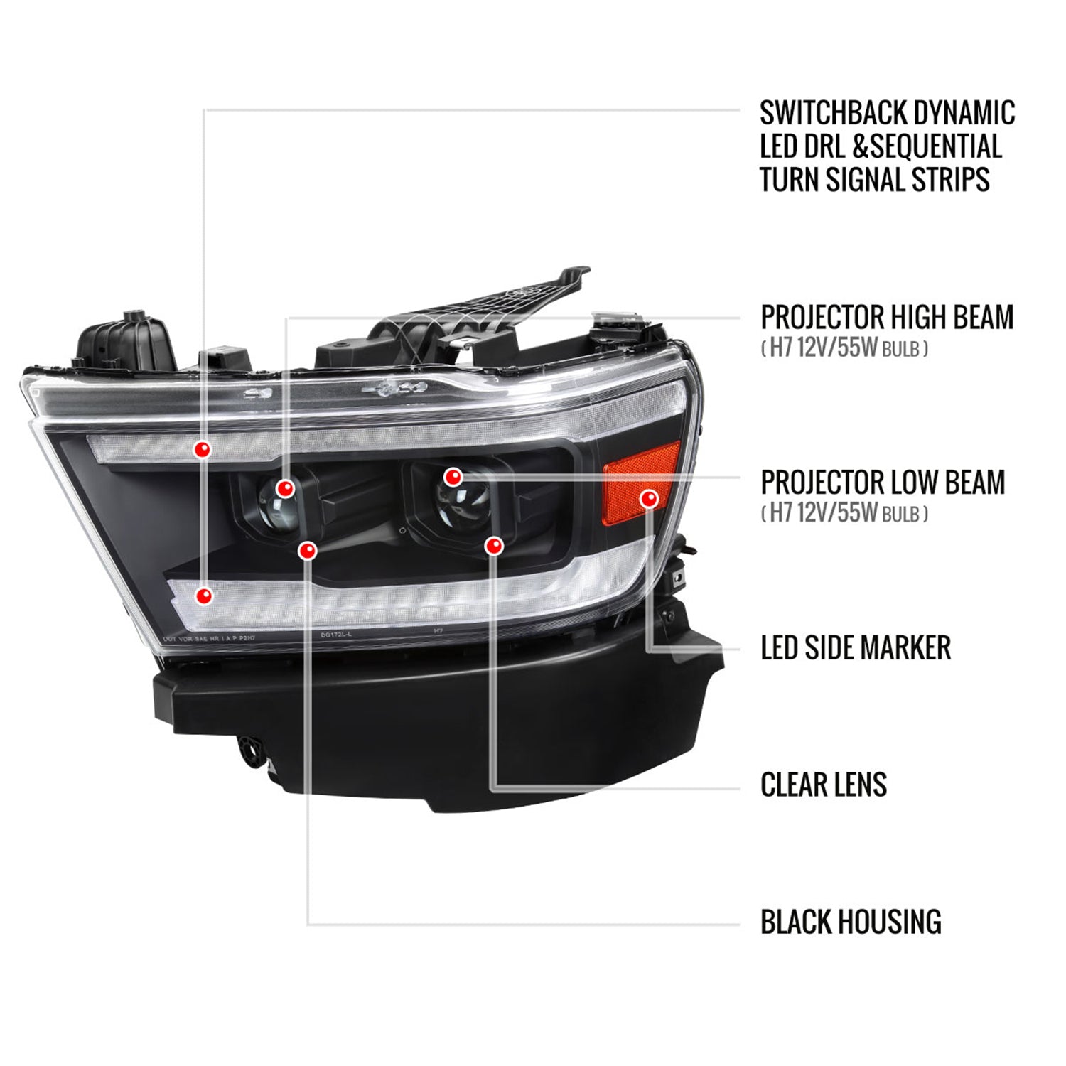 2019-2024 Dodge RAM 1500 Sequential LED Turn Signal Projector Headlights Black