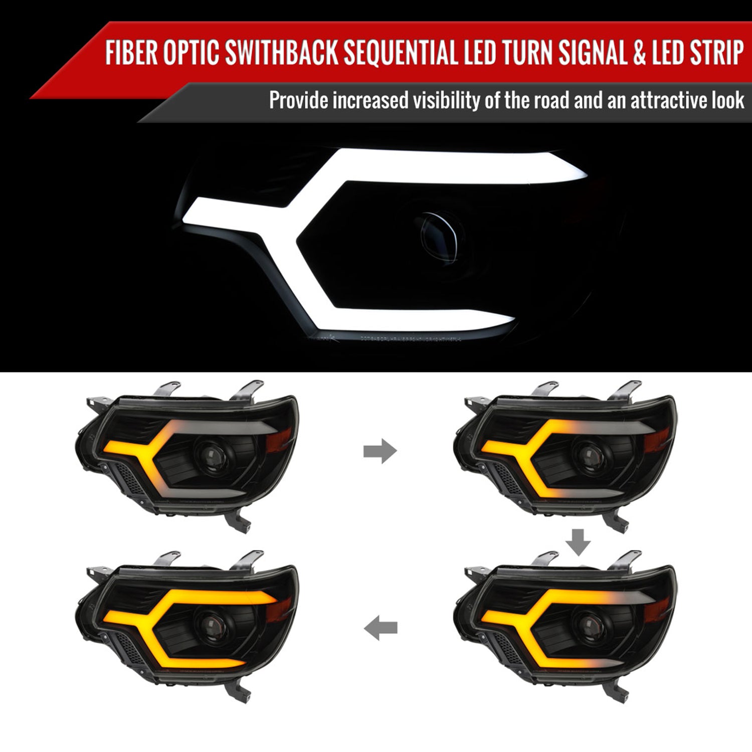 2012-2015 Toyota Tacoma Sequential LED Bar Projector Headlights Matt Smoke