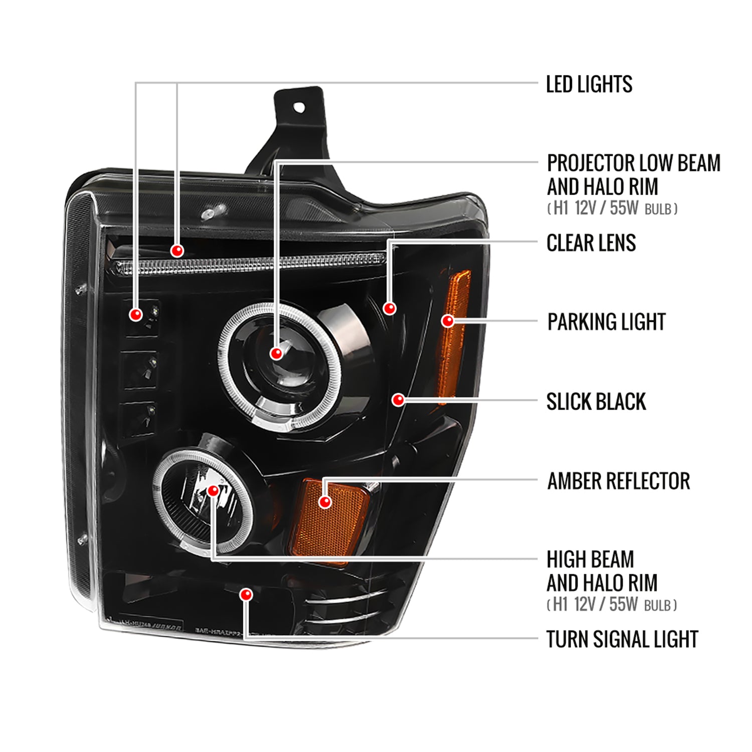 2008-2010 Ford F-250 F-350 F-450 SMD Dual Halo Projector Headlights Jet Black