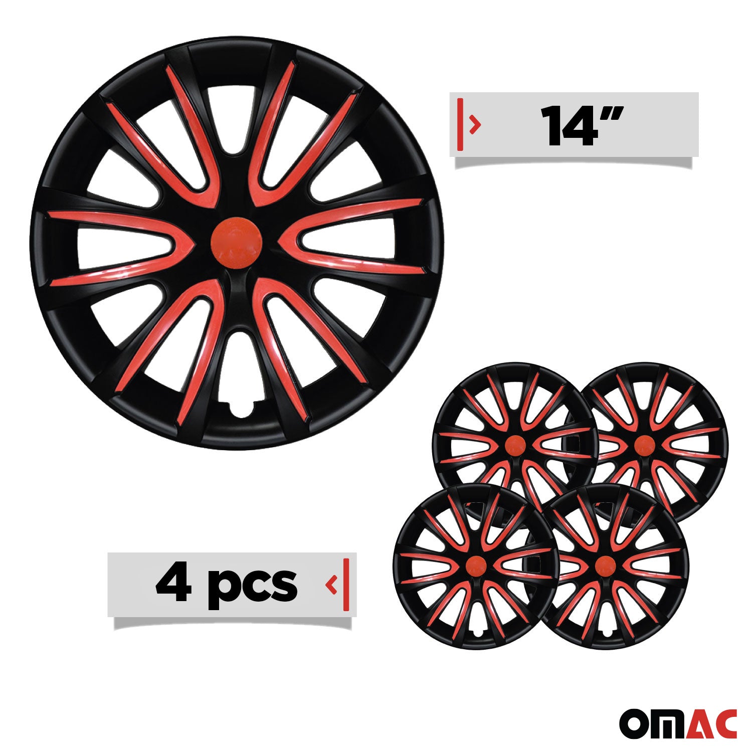 Bicolo Hub Caps Wheel Cover 14" Black Matt & Red Full Set 4 pcs.