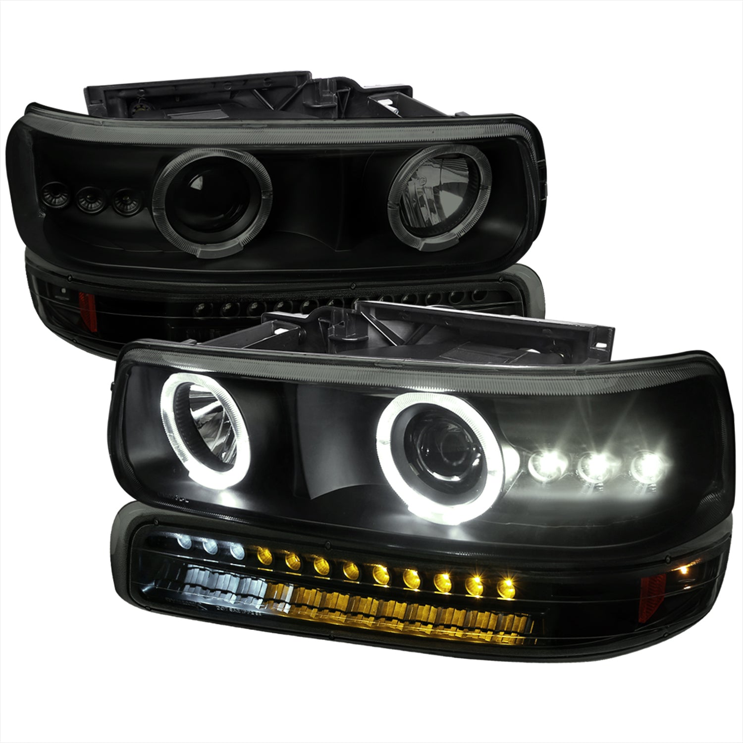 1999-2002 Chevy Silverado/ Chevy Tahoe/Suburban Dual Halo Headlights LED Black