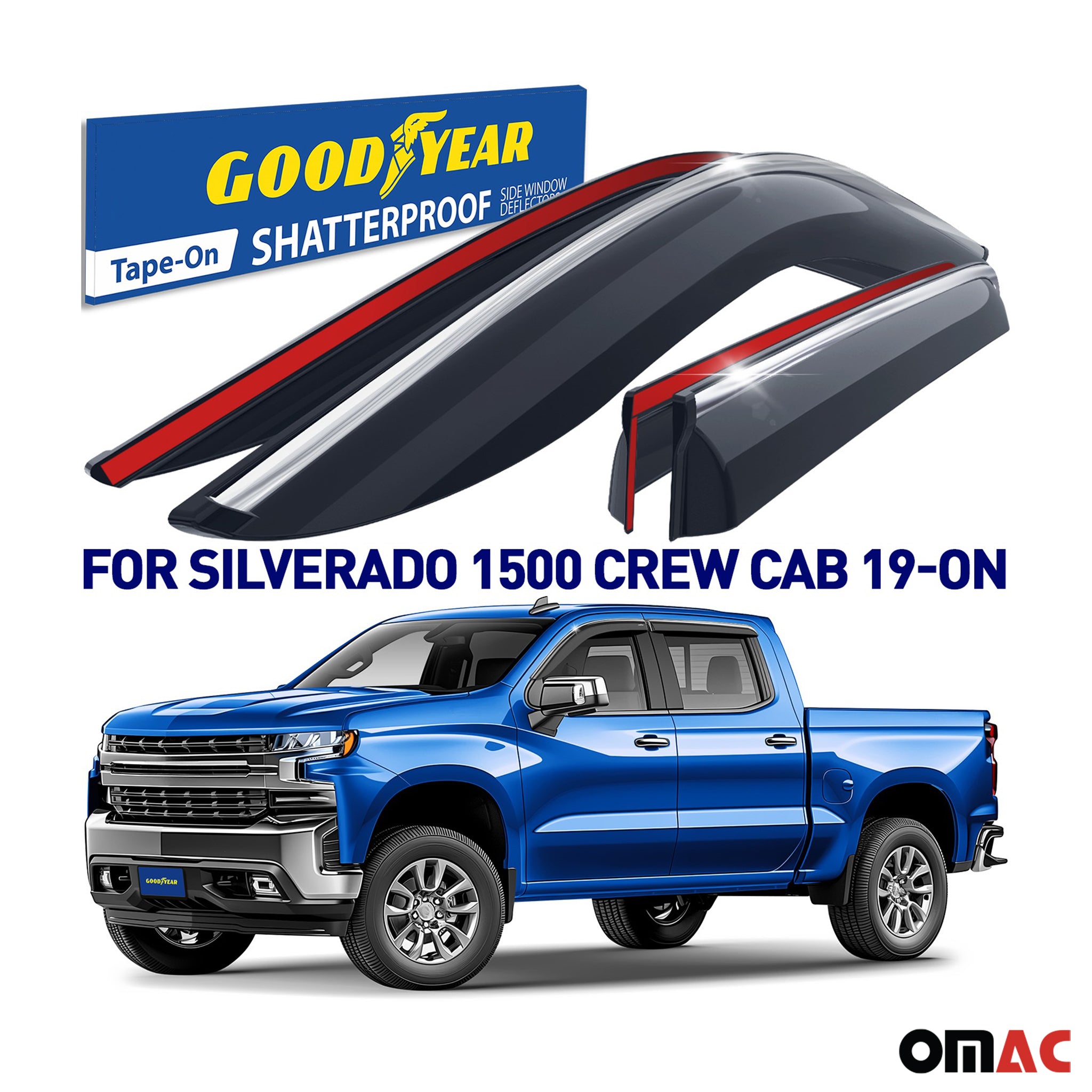 Goodyear Wind Deflectors for Chevy Silverado 1500 2019-2025 Crew Cab Tape-On 4x