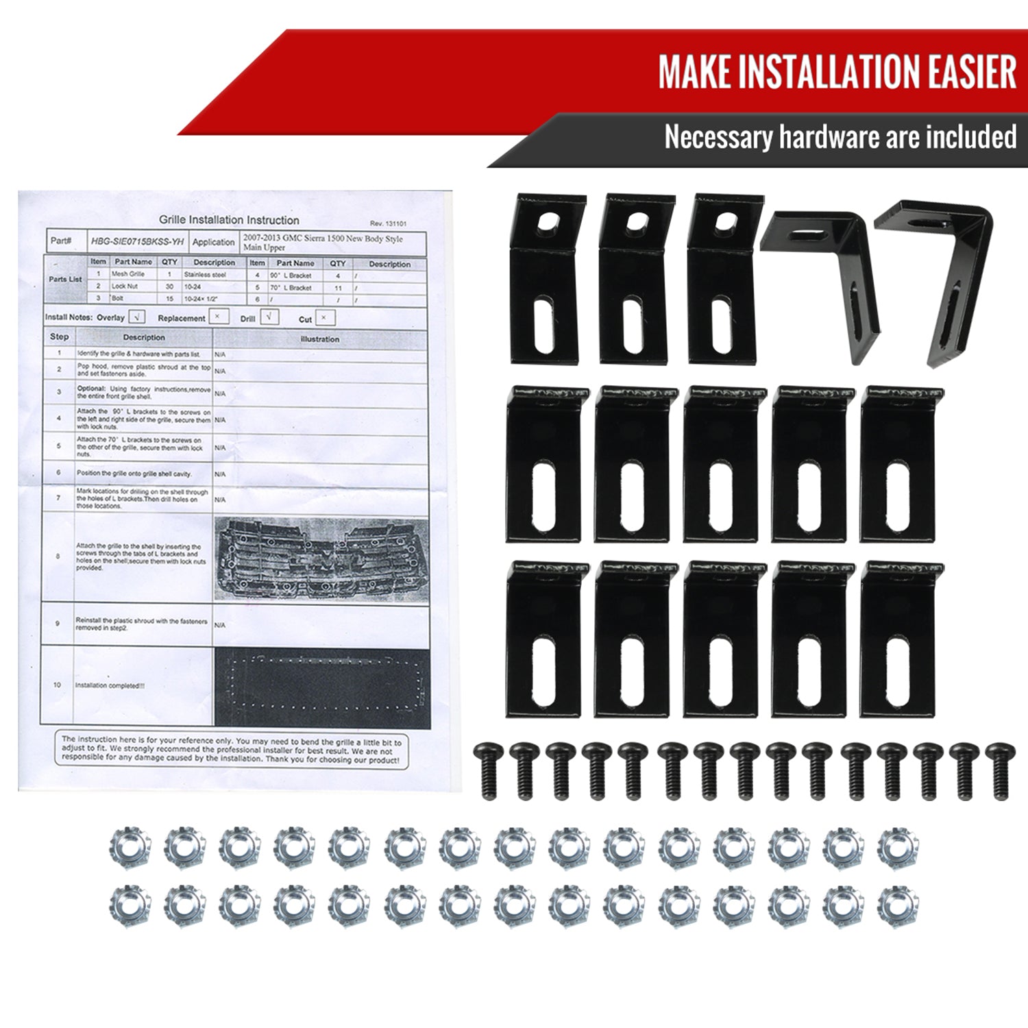 2007-2013 GMC Sierra 1500 NBS Rivet Style Black S.Steel Mesh Grille Insert