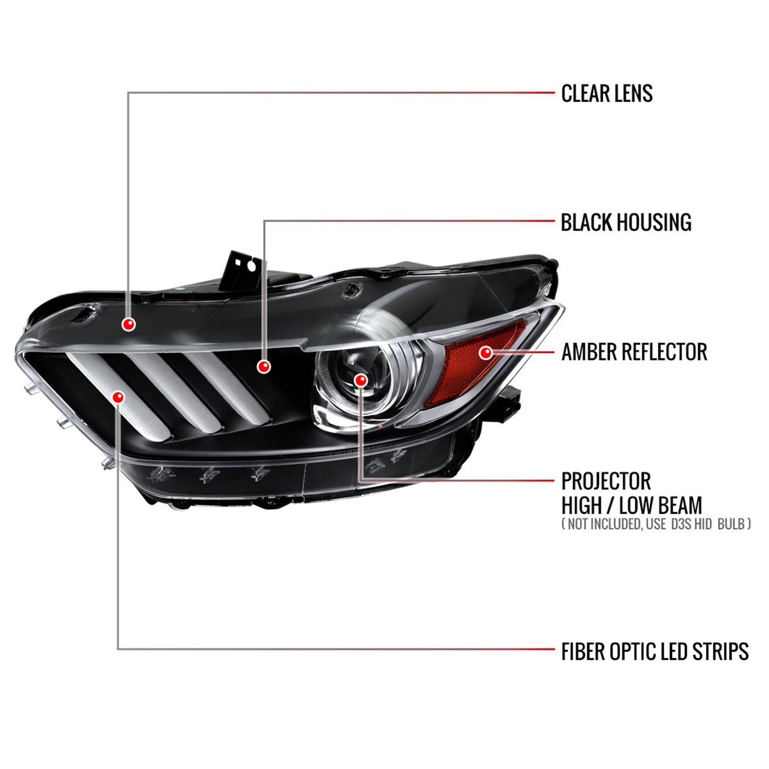 2015-2017 Ford Mustang / 18-2020 Shelby Strip LED Xenon HID Headlights Black