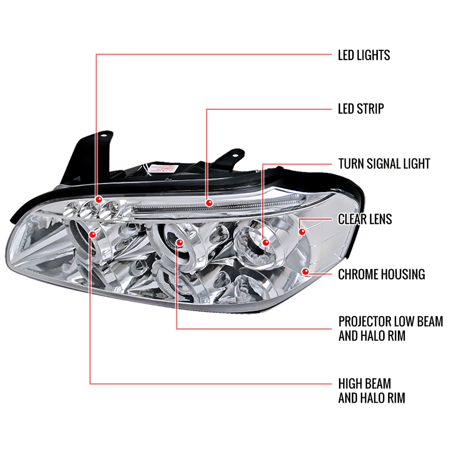 2000-2001 Nissan Maxima Dual Halo Projector Headlights Chrome/Clear Lens