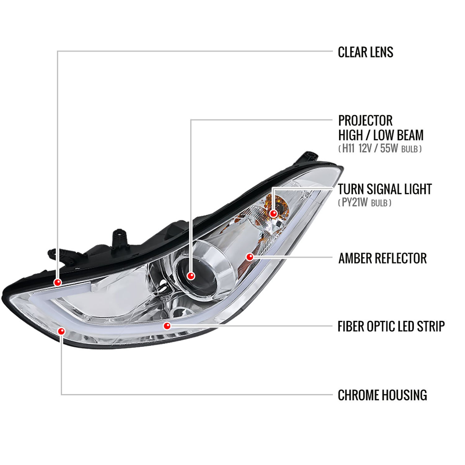 2011-2013 Hyundai Elantra LED Bar Projector Headlights Chrome/Clear Lens