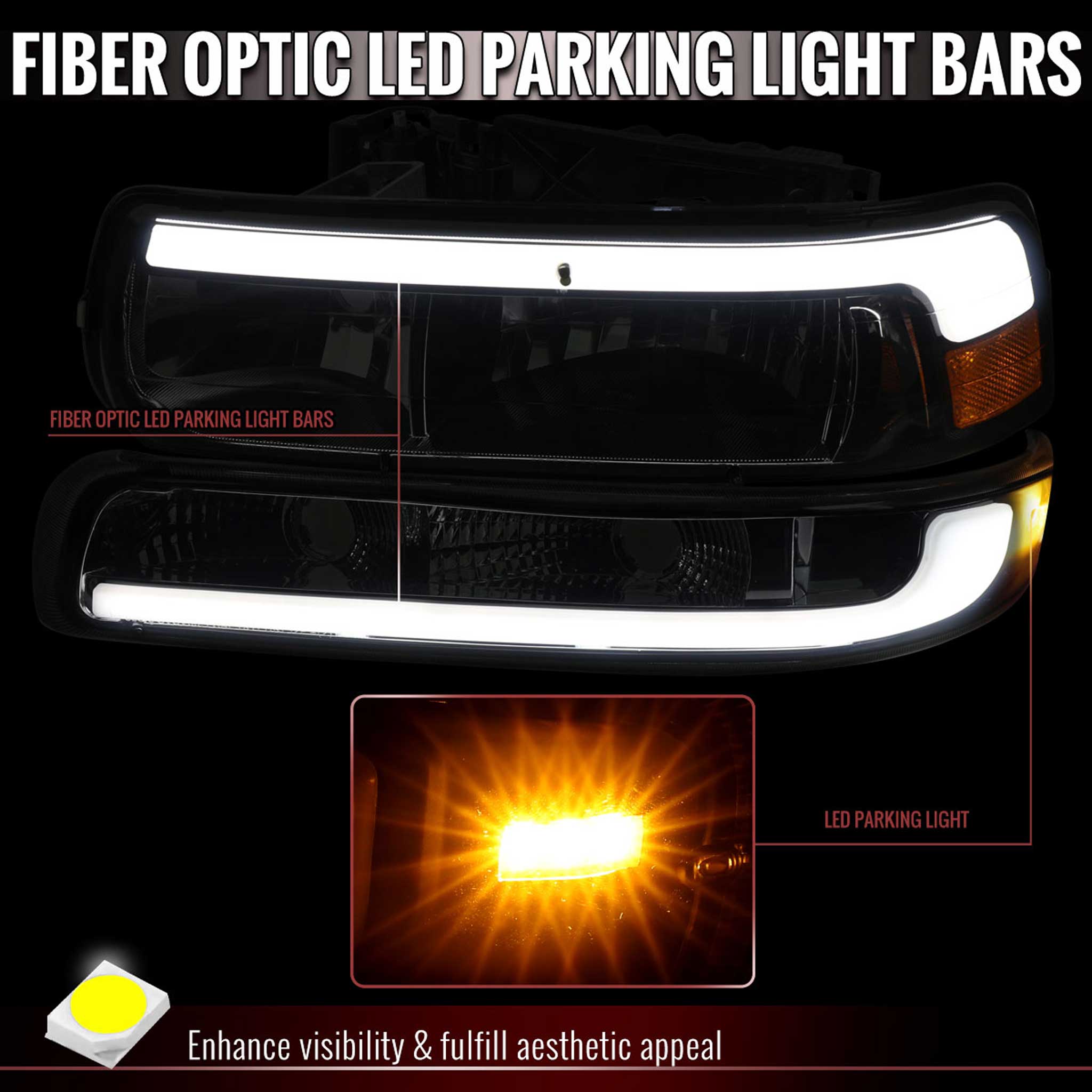 For Chevrolet Silverado Tahoe Suburban 1999-2002 LED Bar Style Headlights Bumper Light Chrome Housing Smoked Lens