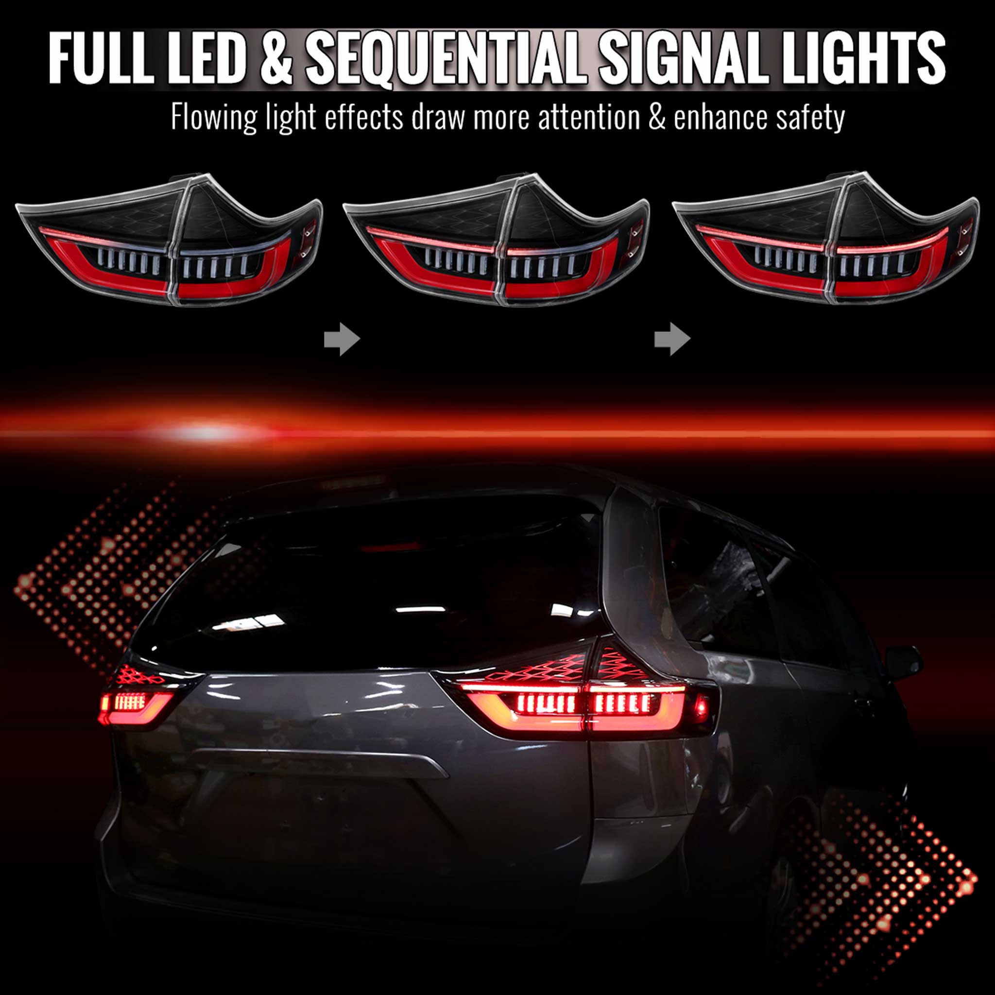 For Toyota Sienna 2011-2014 Full LED Tail Lights Sequential Red Fiber Black Clear Lens Jet Housing