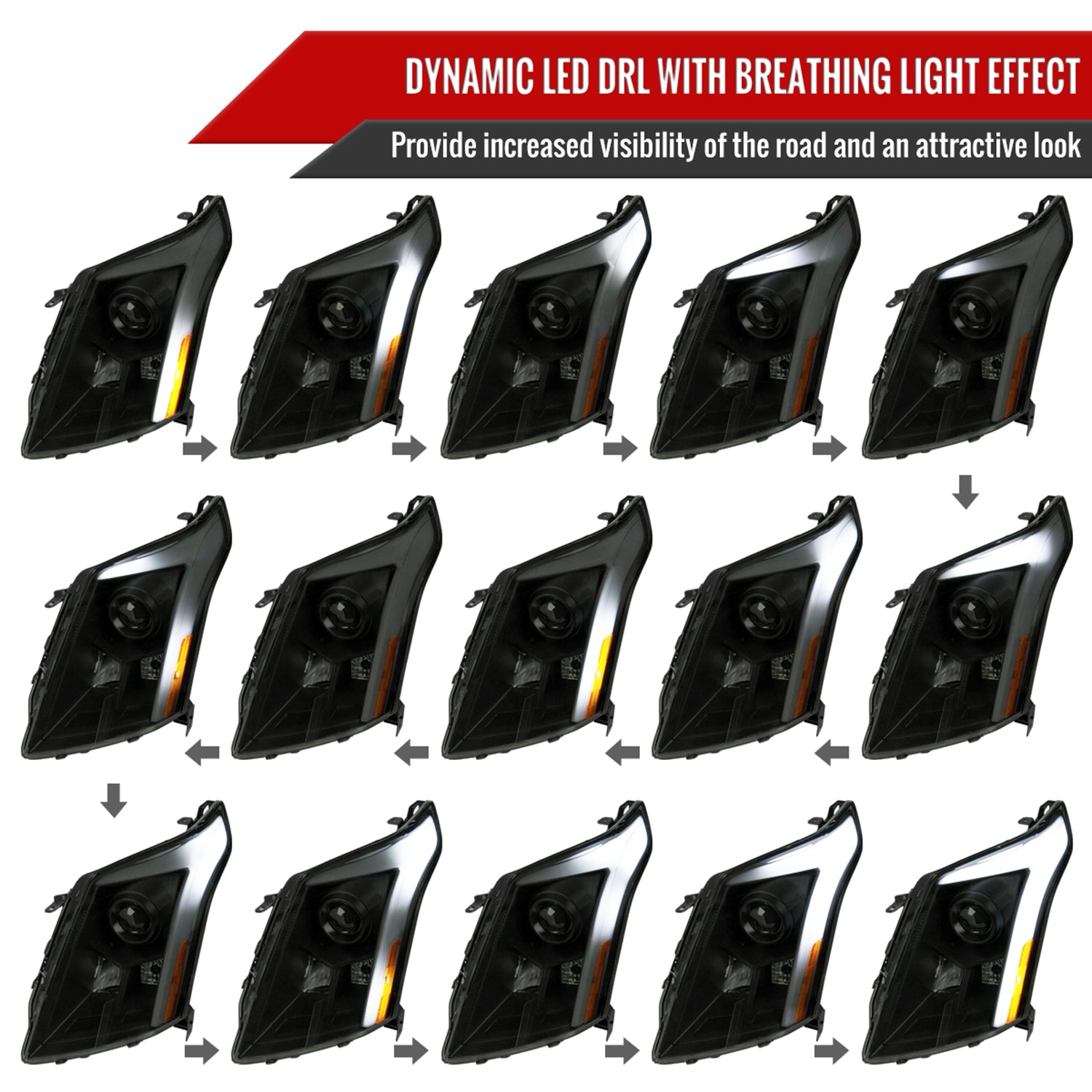 2010-2016 Cadillac SRX Projector Headlights Turn Signal LED Bar Smoke