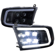 For Dodge RAM 1500 2009-18 / RAM Classic 2019 / 2500 3500 2010-18 LED Bar Turn Signal Projector Headlights Glossy Black Housing Smoked Lens