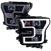 2015-2017 Ford F-150 LED Bar Outline Projector Headlights Glossy Black/Smoke