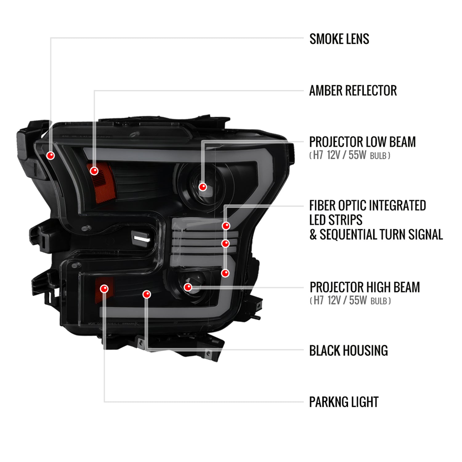 2015-2017 Ford F-150 LED Bar Projector Headlights Turn Signals Black / Smoked