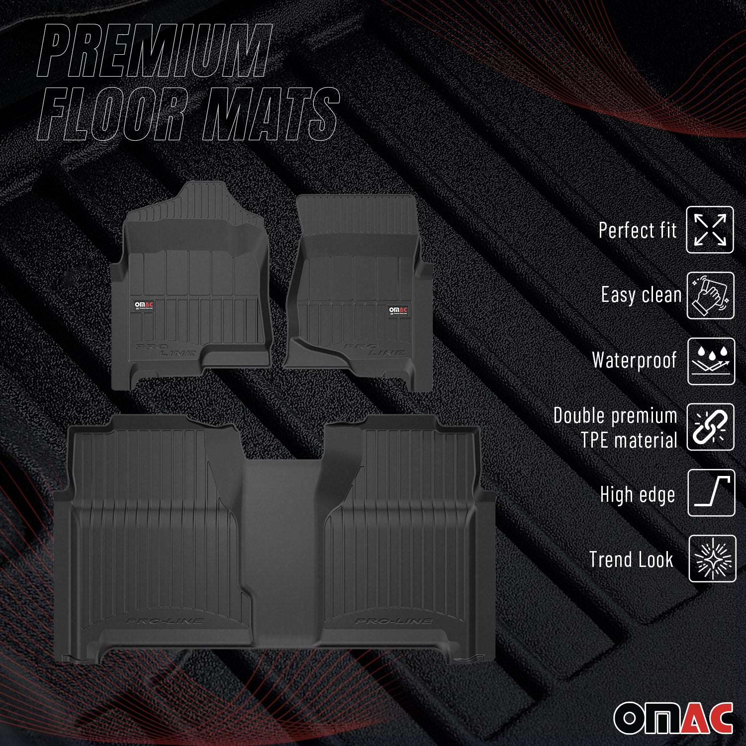 2014-2019 GMC Sierra Denali 1500/2500HD/3500HD 3gen. Crew Cab Proline Floor Mat Premium TPE Black 3 Pcs