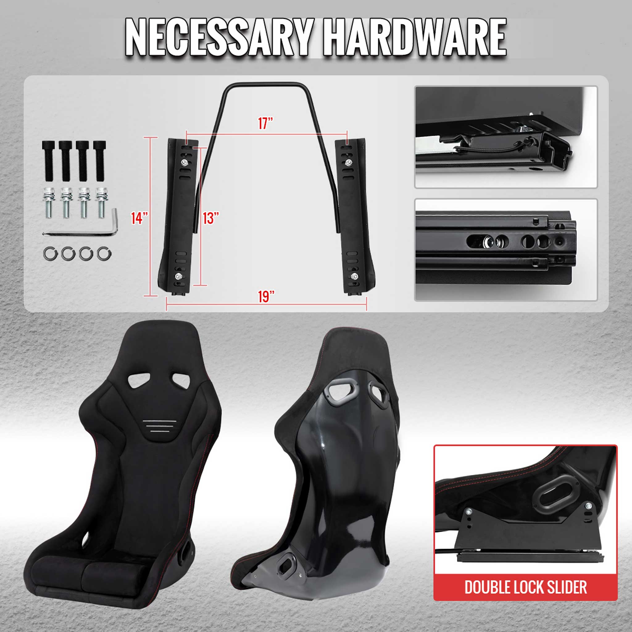 Universal Bucket Racing Seat Fiber Glass Black Suede Double Red Stitch
