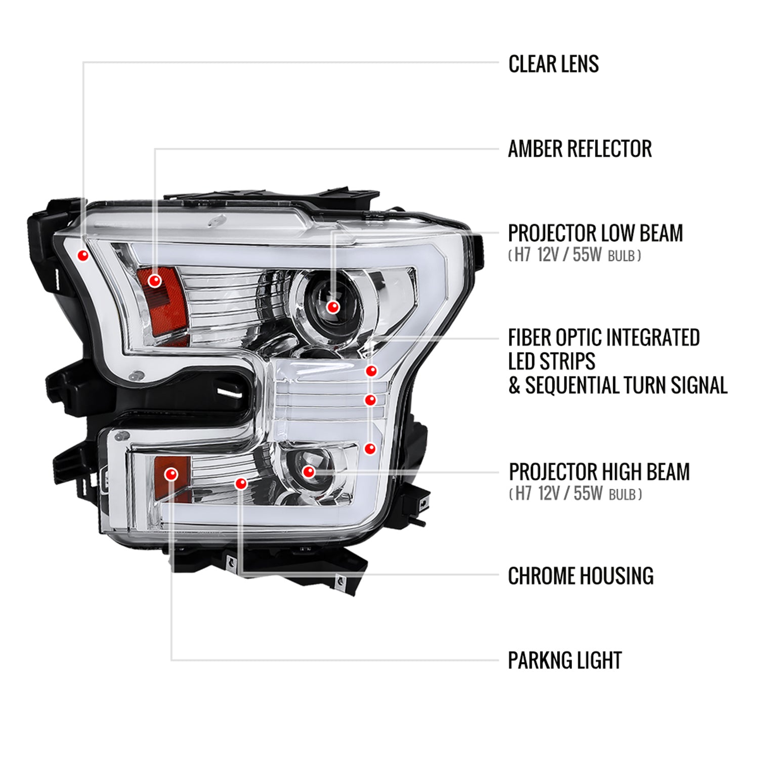 2015-2017 Ford F-150 LED Bar Projector Headlights Turn Signals Chrome / Clear
