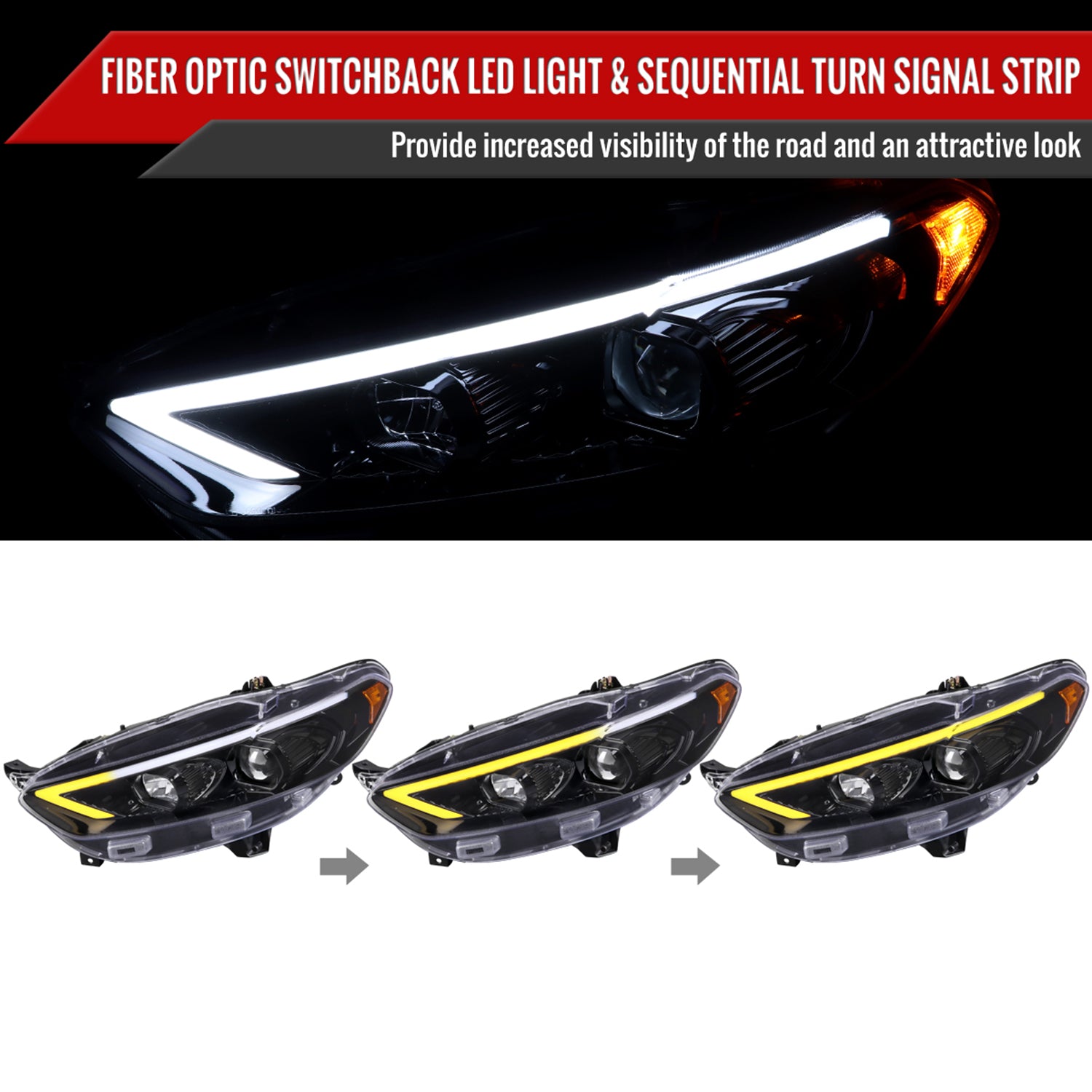 2013-2016 Ford Fusion Sequential Turn Signal Projector Headlights Black