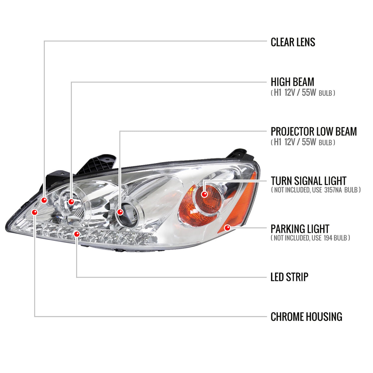 2005-2010 Pontiac G6 Projector Headlights w/ LED Light Strip Chrome/Clear Lens