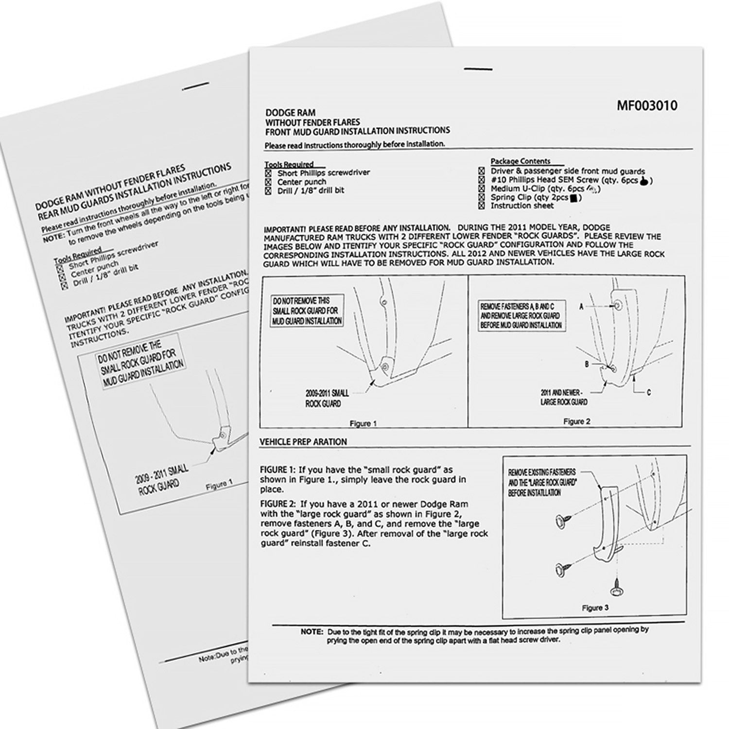 2009-2018 Dodge RAM 1500 2500 3500 Mud Flap Splash Guards w/out Wheel Lip