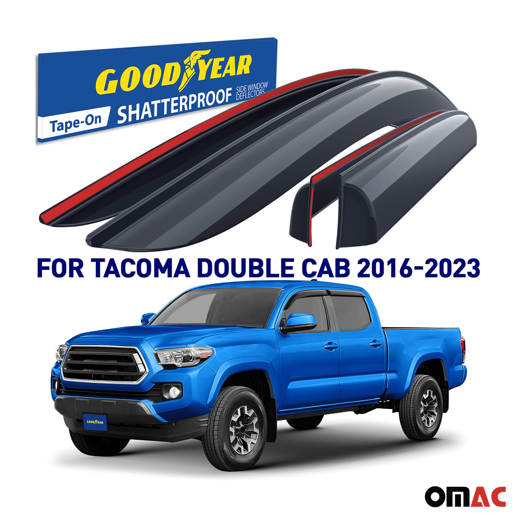 Goodyear Wind Deflectors for Toyota Tacoma 2016-2023 Double Cab Tape-On Smoke 4x