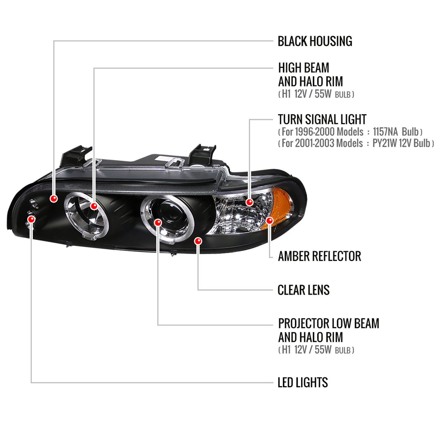 1996-2003 BMW E39 5 Series Dual Halo Projector Headlights Matte Black/Clear