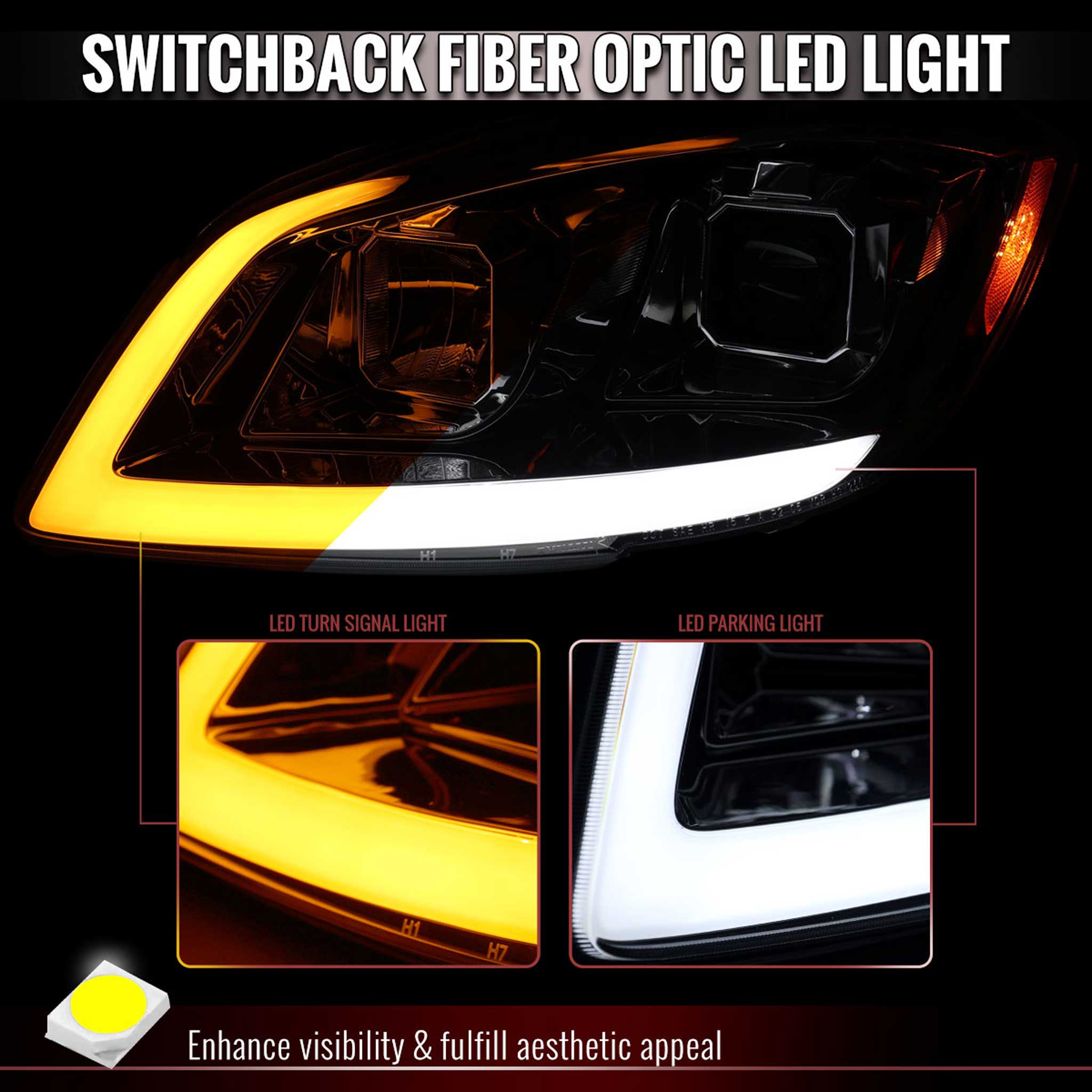 For Chevrolet Cobalt / Pontiac G5 2005-2010 Headlights Switchback LED Turn Signal DRL Light Strip Chrome Housing Clear Lens
