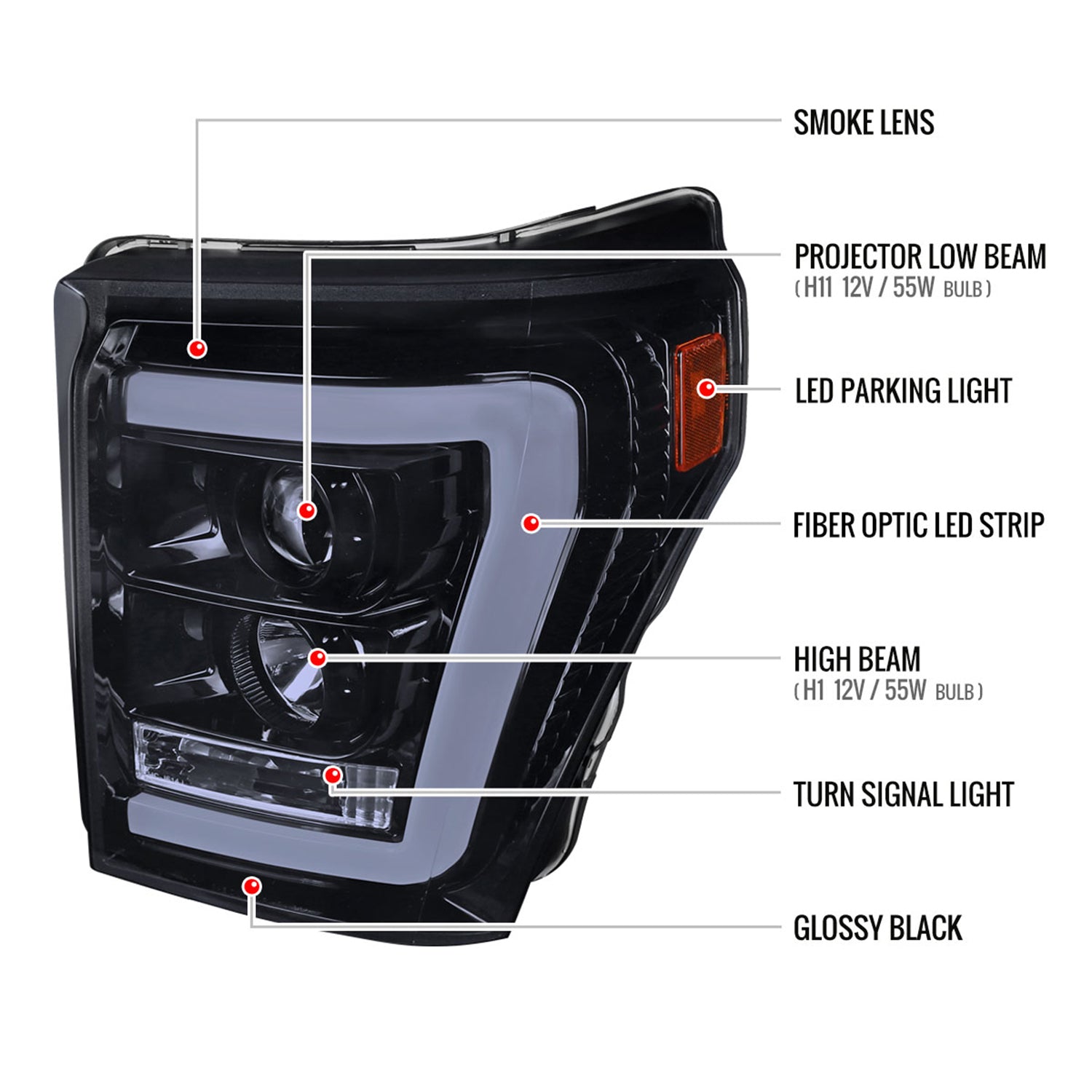 2011-2016 F-250/350/450/550 LED C-Bar Projector Headlights Glossy Black/Smoke