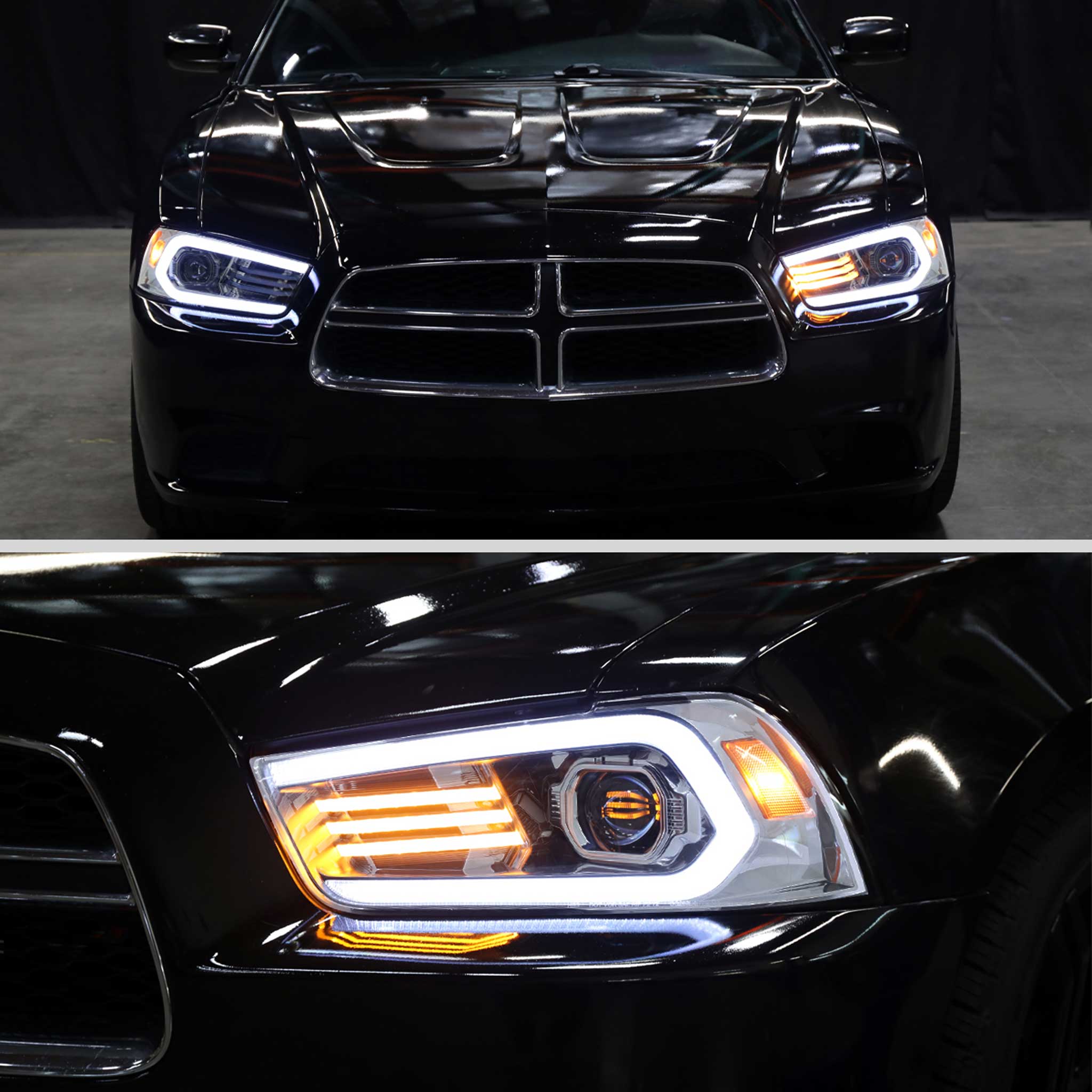 For Dodge Charger 2011-2014 Headlights LED DRL Light Strip Turn Signal Side Marker Chrome Housing Clear Lens
