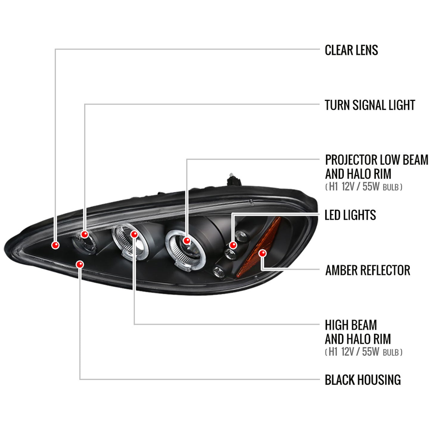 1999-2005 Pontiac Grand AM Dual Halo Projector Headlights Matte Black/Clear