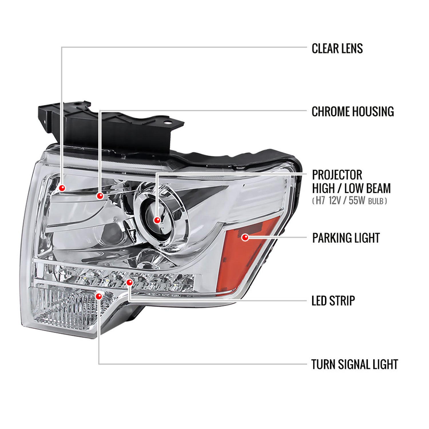 2009-2014 Ford F-150 Projector Headlights w/ LED Light Strip Chrome/Clear Lens