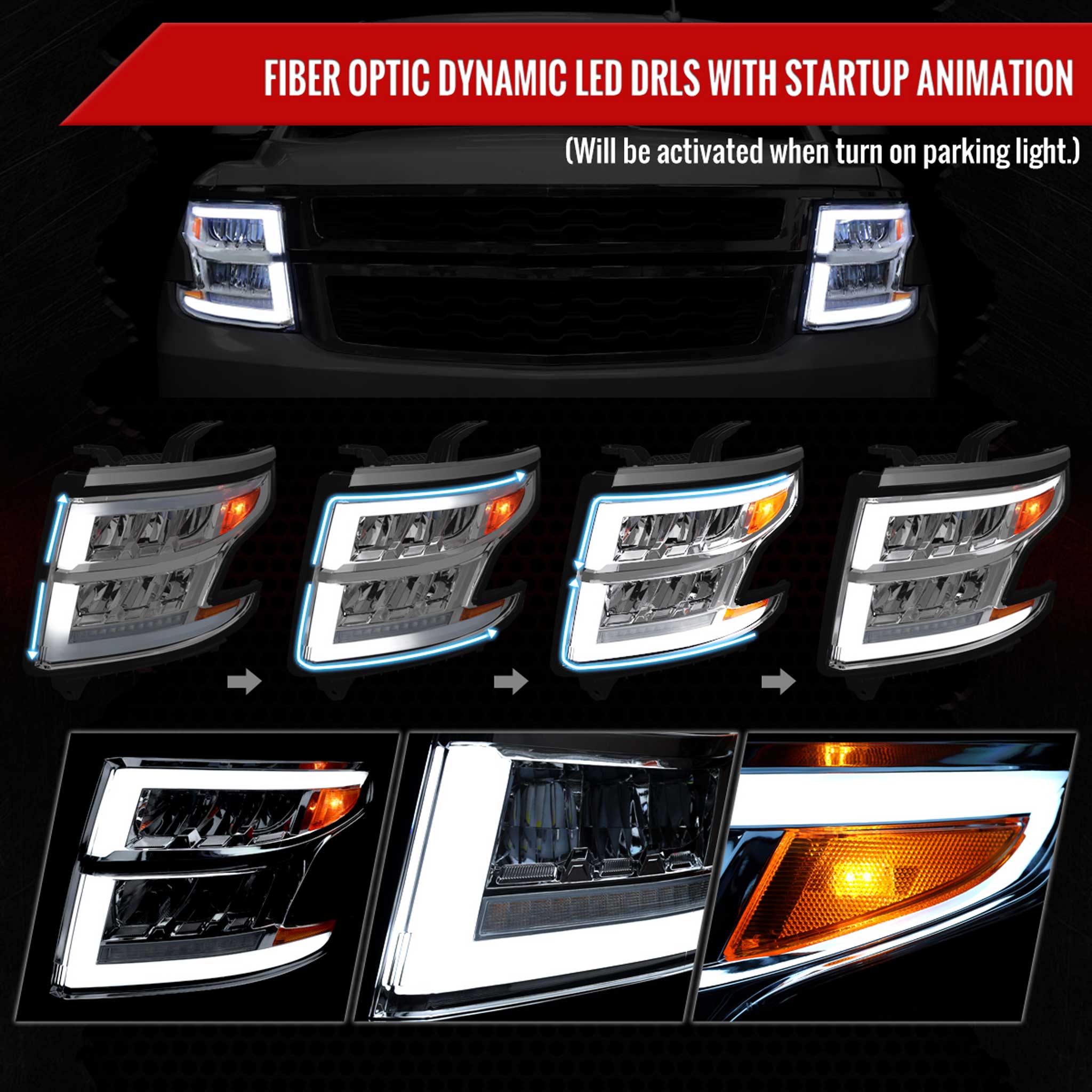 For Chevrolet Tahoe 2015-2020 Full LED DRL Sequential Headlights Chrome Housing Clear Lens