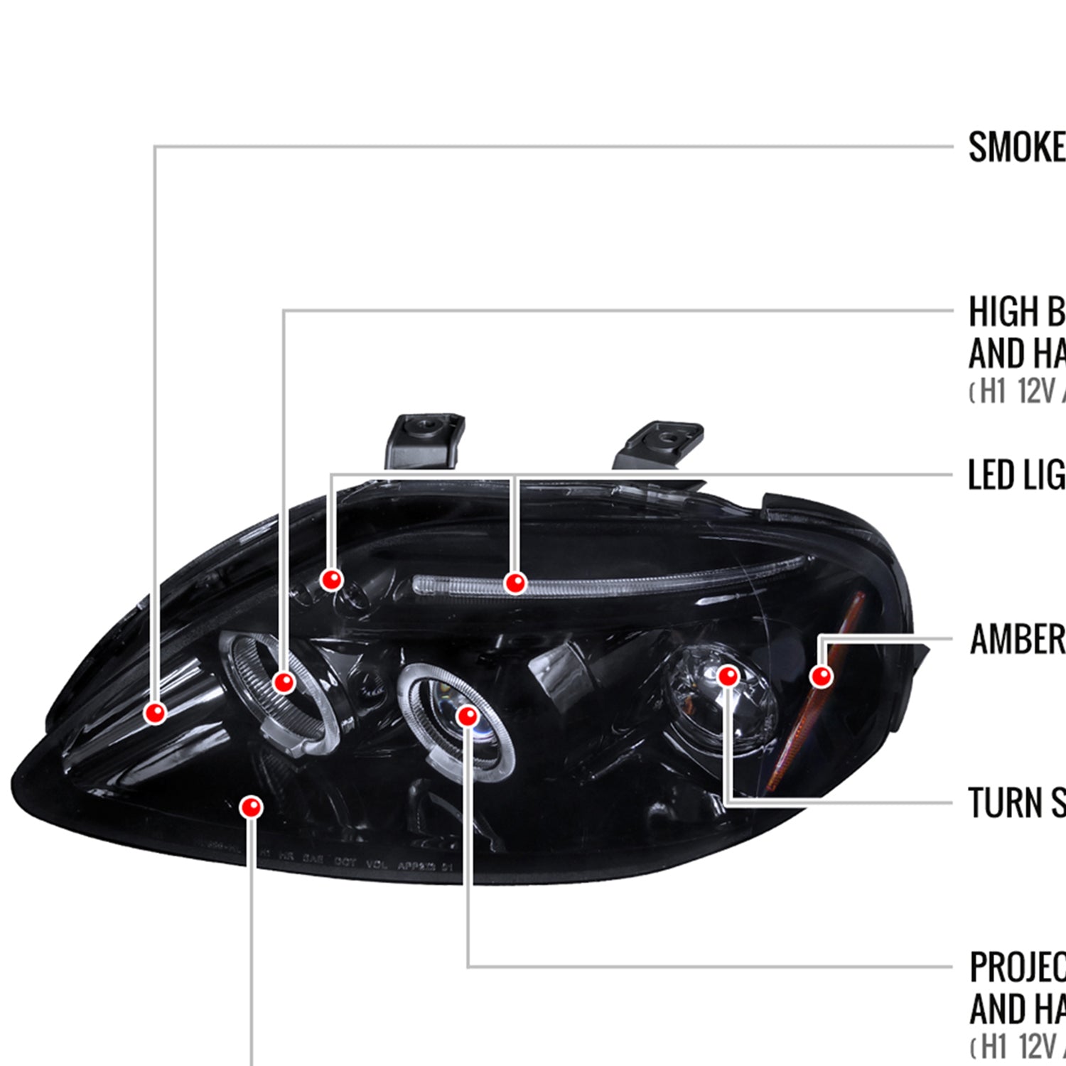 1999-2000 Honda Civic Dual Halo Projector Headlights Glossy Black/Smoke Lens