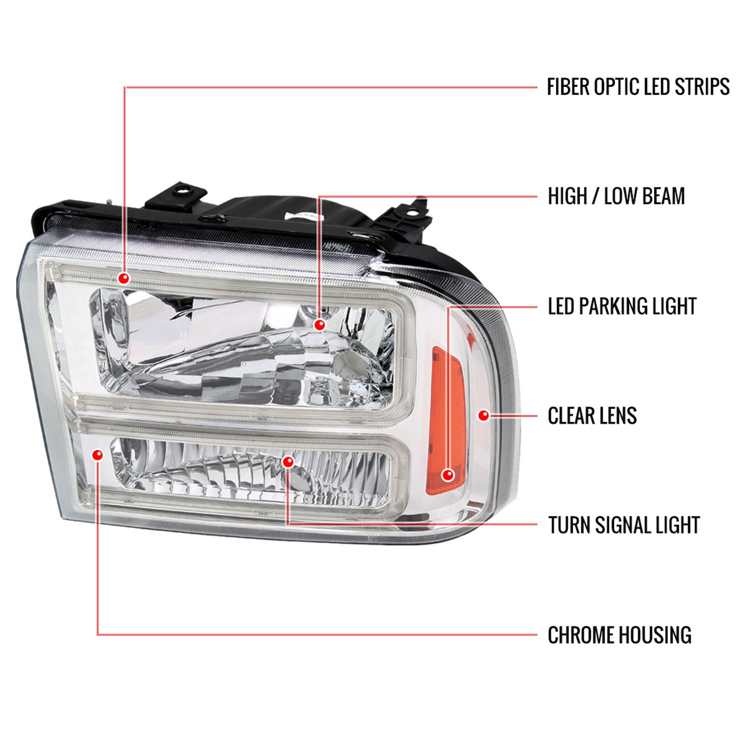 2005-2007 Ford F250/350/450 SuperDuty Dual LED C-Bar Factory Headlights Chrome