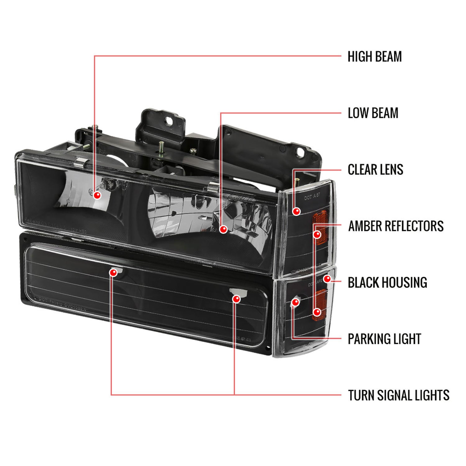 1988-1993 Chevy C/K Blazer/Tahoe/Silverado/Yukon Headlights Lights Set Black