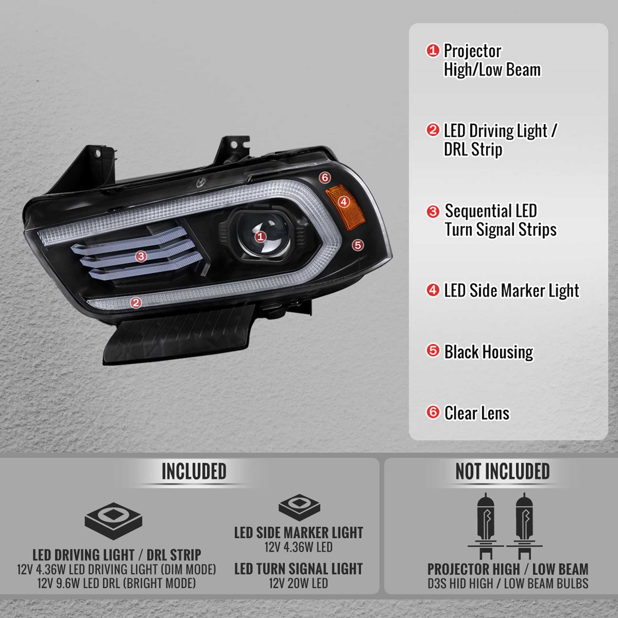For Dodge Charger 2011-2014 Headlights LED DRL Light Strip Turn Signal Side Marker Black Housing Clear Lens