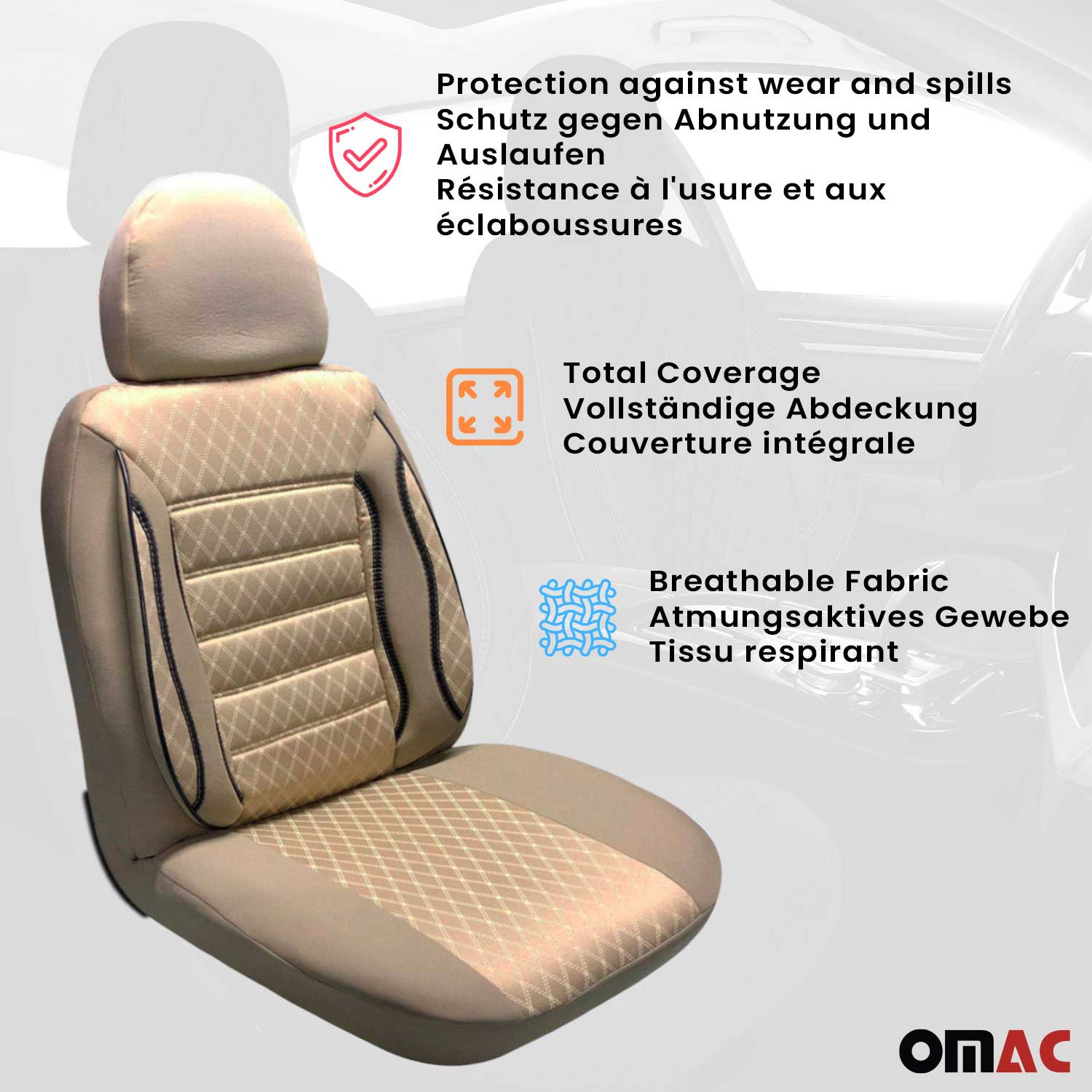 OMAC Universal Semi Custom Front Car Seat Cover Protector Beige Polycotton
