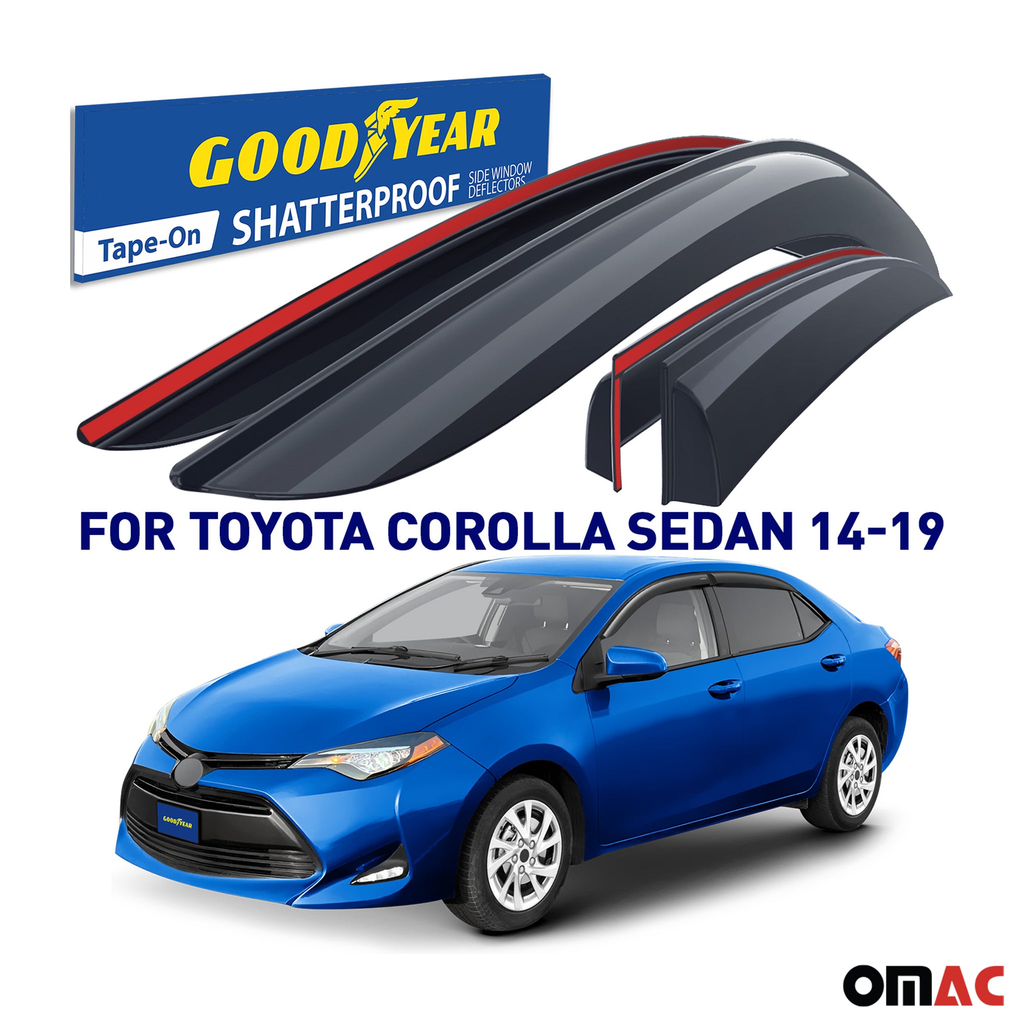 Goodyear Wind Deflectors for Toyota Corolla 2014-2019 Sedan Tape-On Smoke 4 pcs