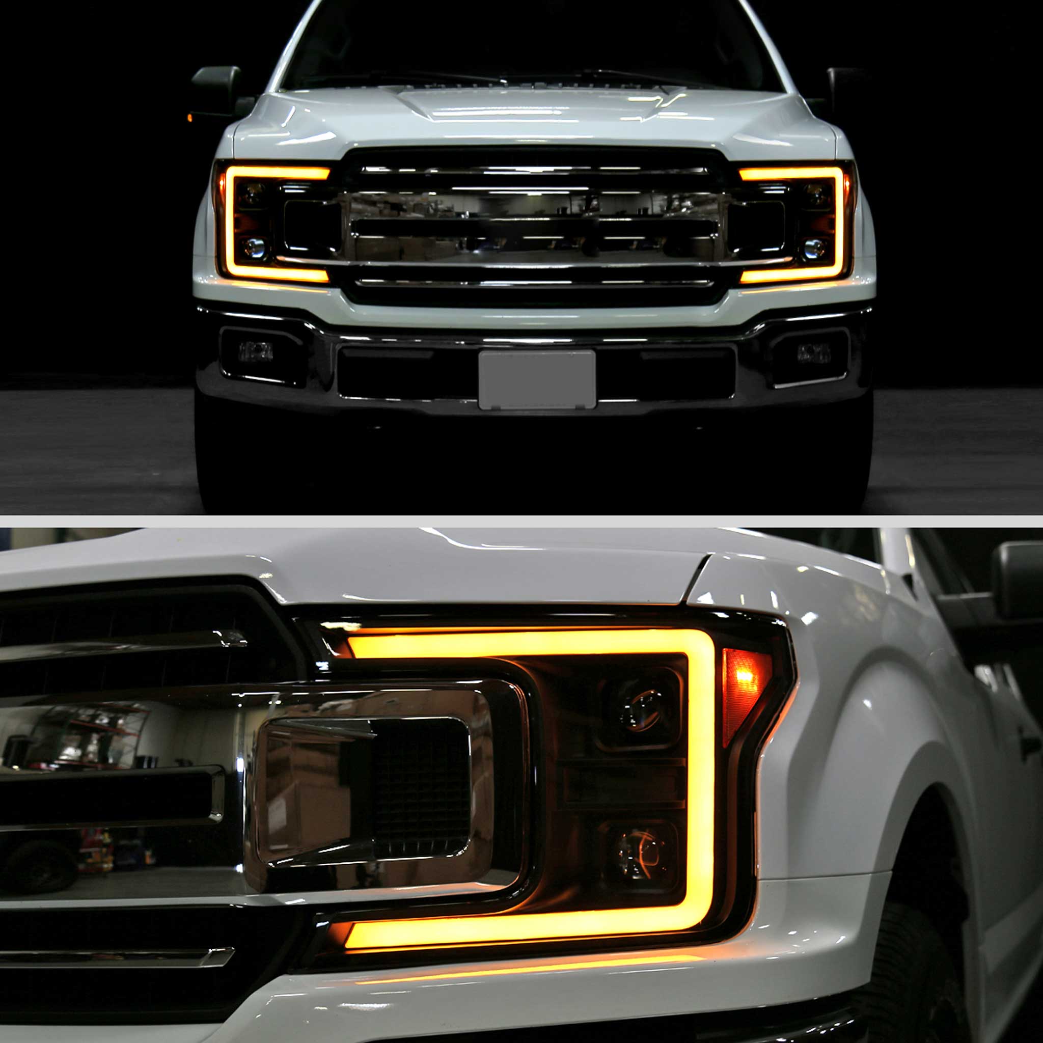 For Ford F-150 2018-2020 LED C-Bar Projector Headlights Turn Signal Lights Matte Black Housing Clear Lens